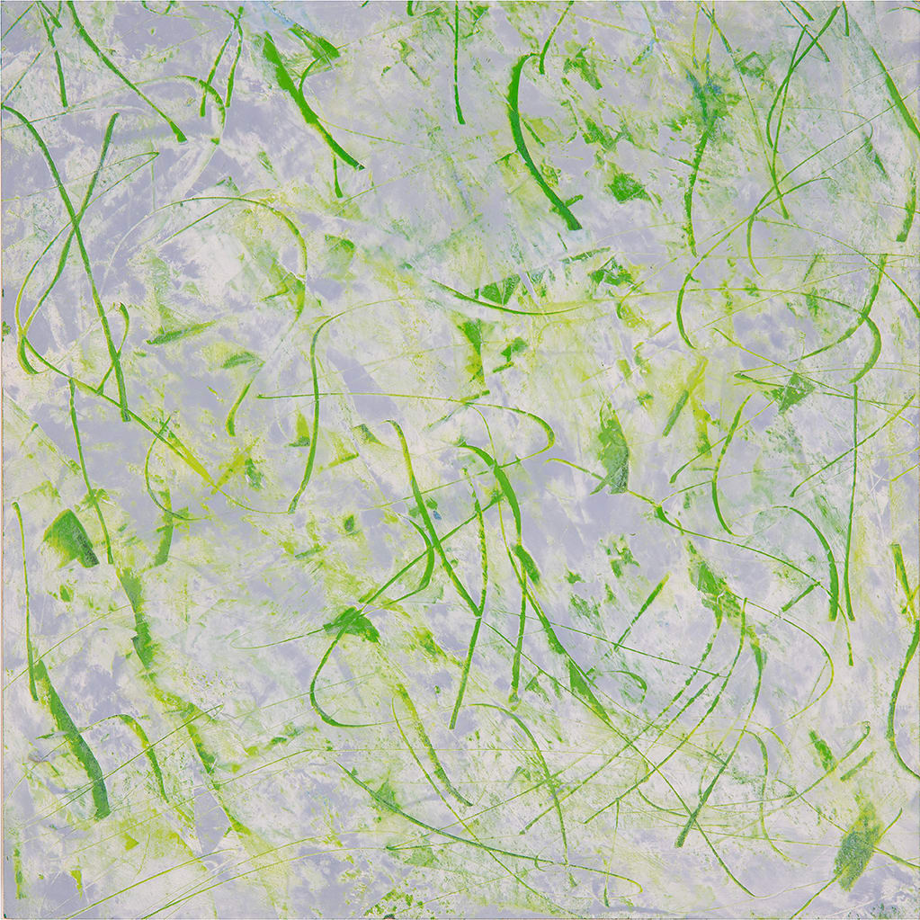 "Icy Pond" by Steven McHugh  Image: Immerse yourself in the tranquil beauty of "Icy Pond," an original small oil and cold wax painting on wood panel by Island artist Steve McHugh. This exquisite piece captures the essence of looking through the ice at the Madeline Island Lagoon, revealing water plants frozen in time. The layers of paint with swirls of greens and yellow beneath a light pale blue layer evoke serenity and depth. Measuring 8" x 8" x 2.5", this painting's deep panel provides a striking three-dimensional presence and can be hung or set on a shelf. Elevate your space with this captivating expression of nature's artistry. Includes the price for shipping in the U.S.

This abstract painting is dominated by swirls and strokes predominantly in shades of green and yellow. These colors contrast against a light background, which contains hints of white and blue. The green and yellow lines overlap and intertwine, creating dynamic and lively patterns. The composition evokes a sense of movement and energy. The use of bright colors and fluid lines gives the piece a vibrant and organic feel.