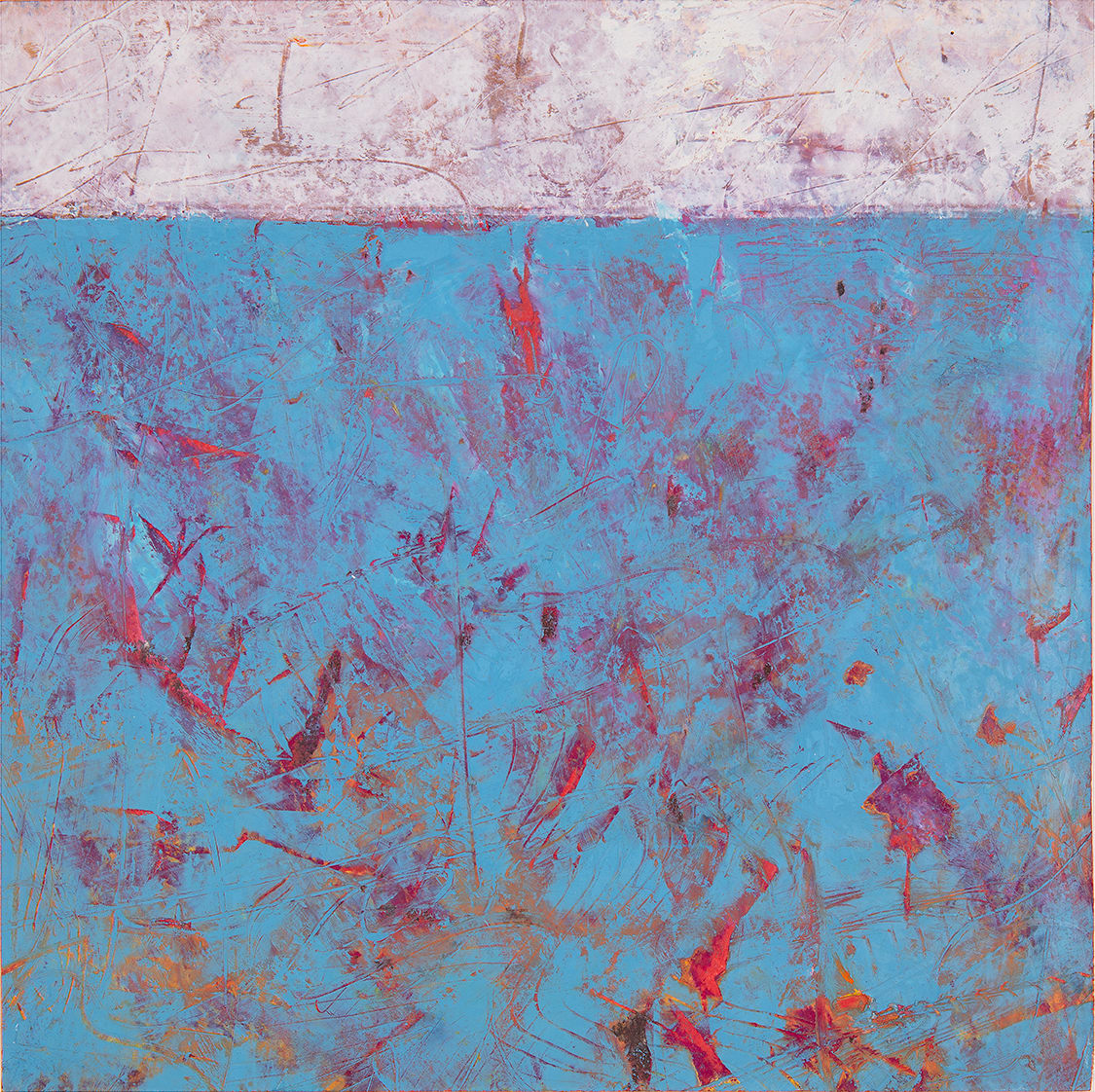 "Color Abstractions #3" by Steven McHugh  Image: Experience the vivid interplay of opposites with "Color Abstractions #3" by Madeline Island artist Steve McHugh. This small abstract study consists of opposite colors and textures showcases a dynamic oil and cold wax composition on wood panel. The lower area bursts with bold blues and contrasting reds, while the upper realm offers warm, textured nuances. Measuring 8" x 8" x 2.5", this versatile piece can be elegantly hung or displayed on a shelf. Enjoy complimentary U.S. shipping when you add this unique artwork to your collection from stevemchughart.com.

This abstract painting that vividly contrasts two primary color fields. The upper portion is dominated by a light, almost muted pinkish-white hue with subtle variations and sporadic linear textures, creating a sense of understated complexity. The lower, larger section is a bold, vibrant blue canvas filled with gestural, dynamic strokes in reds, oranges, and purples. These strokes scatter across the blue, generating an appearance of movement and depth. The interplay of the two contrasting sections, along with the energetic brushwork, creates a visually striking and thought-provoking piece.