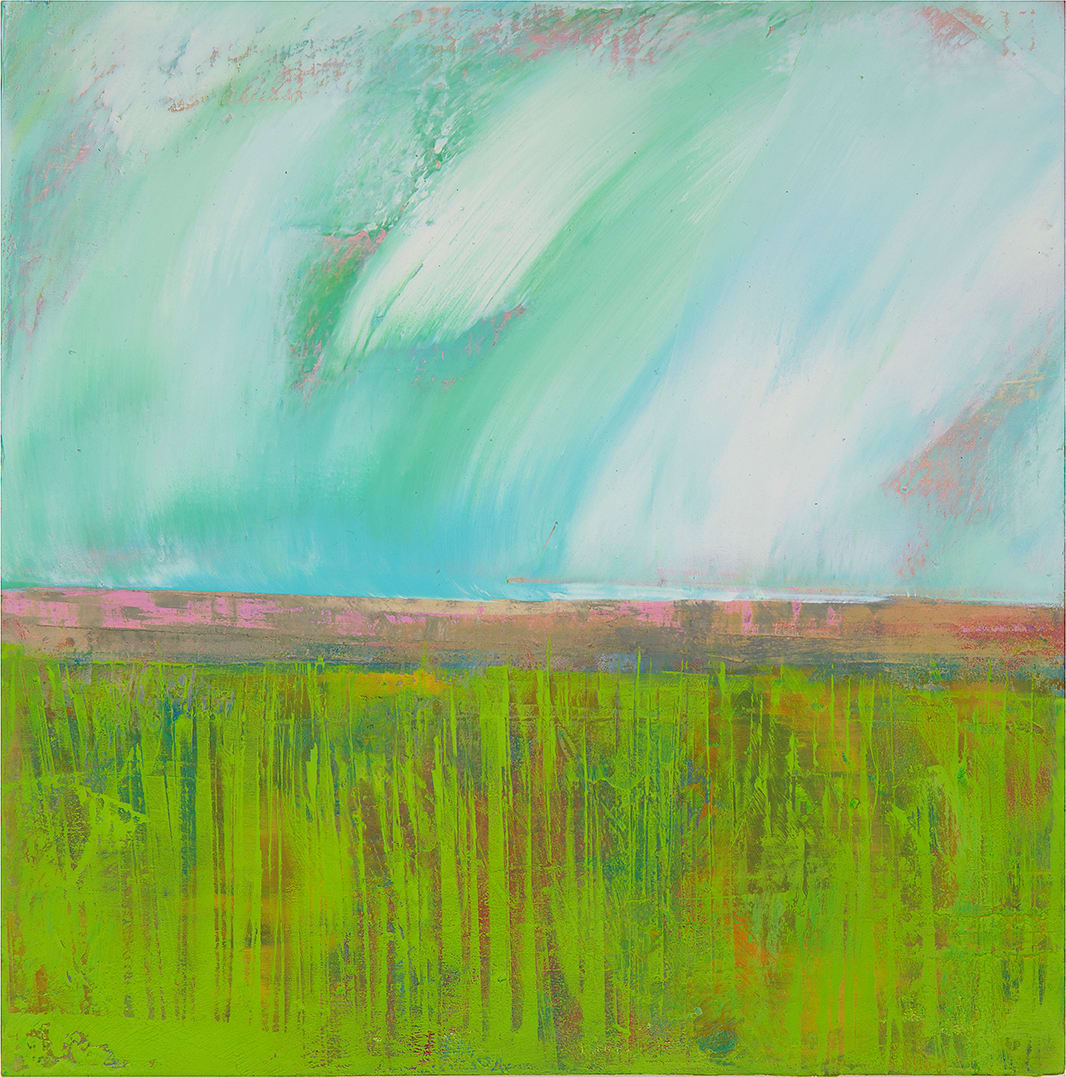 "Northern Lights #1" by Steven McHugh  Image: Experience the enchantment of the Northern Lights with "Northern Lights #1," an original small landscape painting by Steve McHugh, a distinguished mixed-media non-representational abstract painter based on Madeline Island. This 8" x 8" x 2.5" masterpiece beautifully captures the ethereal dance of teal and green skies above a field of bold greens, with a distant horizon that blends pinks and blues. Perfectly versatile, it can be displayed hanging or placed on a shelf, making it a stunning addition to any space. Let "Northern Lights #1" bring a touch of the Apostle Islands' wonder into your home. Shipping is included in the U.S.

The painting is a vibrant abstract landscape painting. The composition features a bold blend of colors, with the lower portion dominated by lush green shades, suggesting a grassy or field-like area. Above this, a horizontal strip of earthy browns and pink hues separates the ground from the sky. The sky itself is depicted in dynamic strokes of bright teal and white, reminiscent of Northern Lights. The brushstrokes are expressive, giving the artwork a sense of movement and vitality.