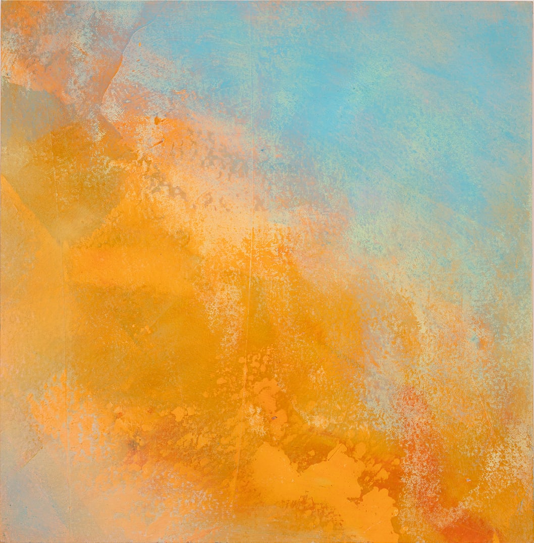 "Clouds" by Steven McHugh  Image: "Clouds," an 8" x 8" oil and cold wax painting on wood panel by Steve McHugh,  abstract painter based on Madeline Island. This versatile piece can effortlessly enhance your space, standing  on a shelf or hanging elegantly with the wire installed on the back.  "Clouds" comes ready to hang and includes shipping within the U.S. Add a touch of Steve's island-inspired artistry to your home or office with this unique, mixed-media gem. 

The artwork is an abstract painting featuring a dynamic blend of colors. Dominant hues of orange and blue create a vibrant contrast, with the orange occupying more of the painting's bottom and central areas, and the blue filling much of the upper section. The colors merge and overlap in soft, layered patterns, giving a sense of depth and fluidity. The texture of the paint is varied, including both smooth gradients and rougher, more textured areas, adding to the visual interest and complexity of the piece.