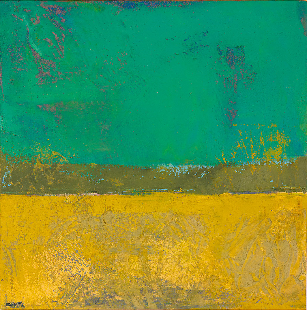 "Color Study #1" by Steven McHugh  Image: "Color Study #1" is a small oil and cold wax color study on wood panel measuring 8" x 8" x 2.5", crafted by Madeline Island artist Steve McHugh. The piece features an upper quarter of green with purple underpainting, a middle section of olive green textured with yellow, and a highly textured yellow lower section with muted brown accents. This dynamic artwork is suitable for wall hanging or displaying on a shelf, perfect for adding a touch of abstract elegance to any space. Discover the unique textures and vibrant hues that reflect the beauty of the Apostle Islands on stevemchughart.com, where Steve McHugh's commitment to non-representational abstract art shines. Enhance your collection with this exquisite piece inspired by the natural splendor of Lake Superior. Shipping is included in the U.S.

This artwork features an abstract composition with two prominent horizontal bands that dominate the wood panel. The upper section is filled with a rich greenish turquoise hue with subtle texture and depth, showcasing slight variations in shade and some hints of dark patches. Separating the distinct color areas is a thin, slightly irregular band of olive green. The lower section consists of a vibrant mustard yellow that also includes textured elements, giving it a tactile quality. The overall effect is one of bold yet harmonious color contrasts, creating a visually engaging piece.