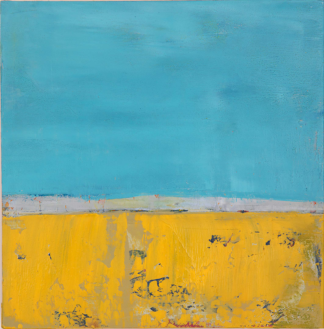 "Landscape #6" by Steven McHugh  Image: Discover the mesmerizing elegance of "Landscape #6," an abstract landscape with bold color variations of blue and yellow divided by a strip of light white with texture. This oil and cold wax painting, crafted on a wood panel, measures 8"x8"x2.5" and is suitable to hang or set on a shelf. Created by  Madeline Island painter Steve McHugh, this small wonder adds a unique touch to any space. Elevate your art collection with this exquisite piece and enjoy complimentary shipping across the U.S. Visit stevemchughart.com to experience the artistry and passion behind every stroke.

This abstract painting with a clear division between two main color fields. The top half of the painting consists of a vast expanse of blue, evoking the sense of a serene sky. The lower half of the painting features a vibrant yellow field, textured and interspersed with darker marks and patches, adding depth and contrast. A thin band of muted, light shades separates the blue and yellow sections, creating a horizon-like effect.