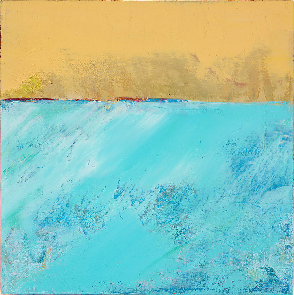 "Landscape #4" by Steven McHugh  Image: Experience the captivating essence of Lake Superior with "Landscape #4," a small abstract landscape measuring 8" x 8" x 2.5". This oil and cold wax artwork presents a striking view from the water of Long Island off Madeline Island and the Apostle Islands. Crafted by  Island artist Steve McHugh, it features bold, contrasting colors and textures of teal and yellow with a distinct strip of color across the panel. This versatile piece on wood panel can be proudly displayed on your wall or placed on a shelf. Price includes shipping in the U.S

The abstract landscape  painting is divided into two distinct horizontal sections. The upper portion of the canvas features a warm, earthy yellow color, with subtle variations and textural strokes that add depth and complexity. The lower section is dominated by a cool, vibrant turquoise, with streaks and patches of varying shades of blue and white, suggesting a sense of movement or fluidity. The contrasting colors and textures between the two sections create a dynamic and visually engaging composition.