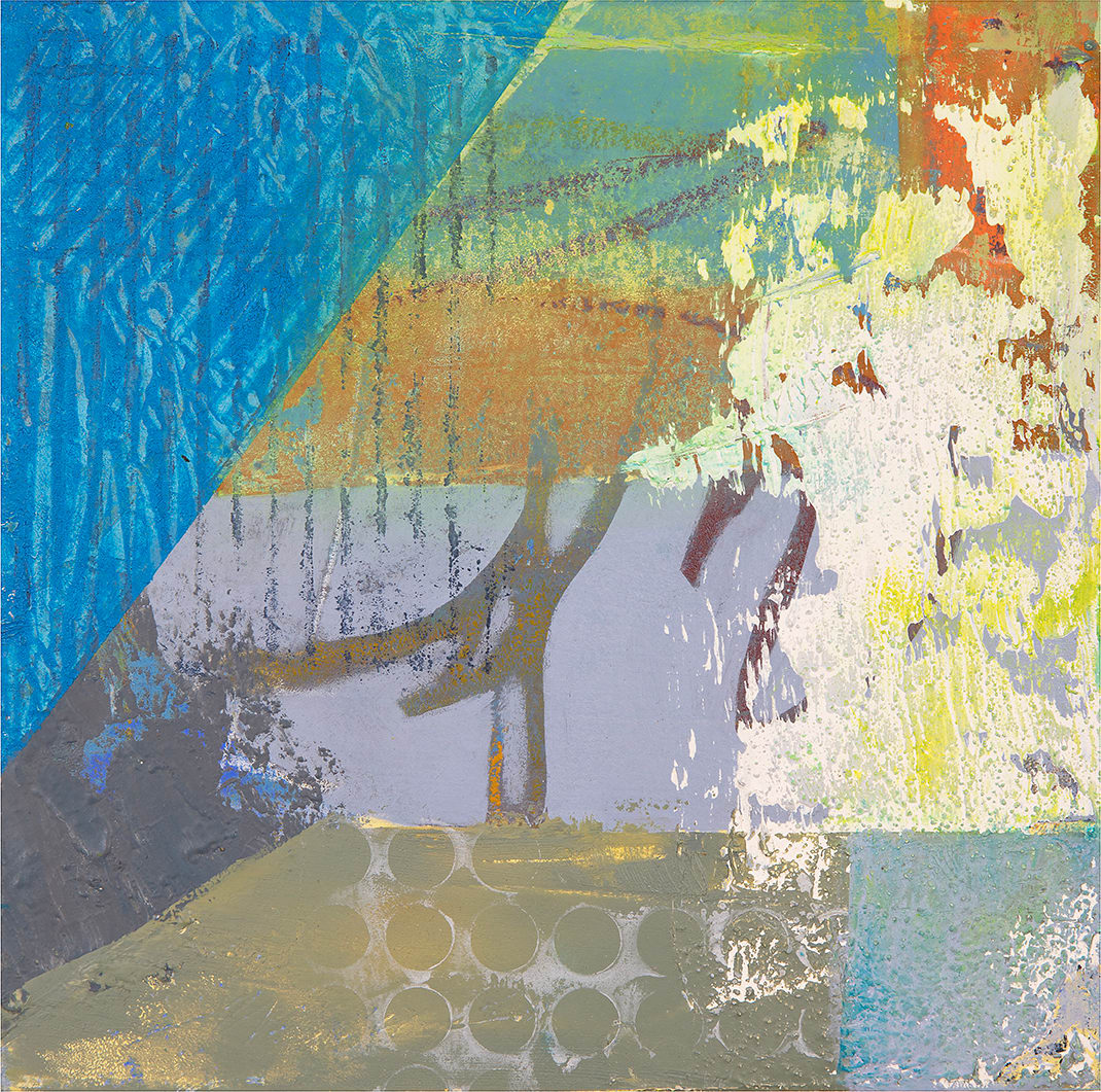 "Color Abstraction #4" by Steven McHugh  Image: Experience the vibrant energy of "Color Abstraction #4," a mixed media small abstract painting by Steve McHugh. Created using oil, cold wax, crayon, sand, and graphite on an 8" x 8" x 2.5" wood panel, this piece features bold colors and rich textures layered with blues, greens, grays, and touches of red and gold.  Ideal for adding a dynamic, artistic flair to any space, and shipping is included in the price within the U.S. Dive into a world of color and texture today at stevemchughart.com.

The abstract painting is characterized by a patchwork of vivid and muted colors. Dominant colors include blue, green, orange, white, and gray. The painting incorporates a variety of textures and patterns such as layered brushstrokes, circular impressions, and both smooth and rough areas. Thick layers of paint and mixed media techniques add depth to the piece, creating a complex, dynamic composition. The arrangement of colors and shapes conveys a sense of movement and fluidity, inviting viewers to experience the artwork through its varied visual elements.