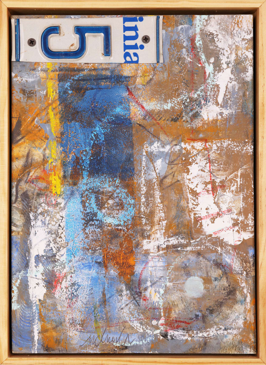 Five by Steven McHugh  Image: Original mixed media abstract oil painting by Stevenjohn McHugh titled "Five". Measures 13.5" x 9.75" x 1.5. Framed size is 14.25 x 10.5" x 2.5". Inspired by Robert Rauschenberg (1925-2008) and his combined paintings and adding found objects to works of art, in this case, a portion of a license plate. Mixed media with oil stick, marker, oil, graphite, charcoal and cold wax on Arches oil paper glued on wood panel with PH balance glue. Side of wood cradle (solid wood) is varished natural. Signed on front and back. Framed is a vanished gallery frame solid wood. Shop at www.stevemchughart.com #madelineisland #stevemchughart.com #bayfieldwi #apostleislands #wisconsinartist #mixedmedia #modernart #contemporaryart #painting #contemporarypainter #paintstudio #artgallery #fineart #abstractart #artcollector #originalart #contemporaryartwork #studio #artgallery #artcollector #artadvisor #artcurator #abstraction #abstractart #abstractpainting #artcollector #artistoninstagram 