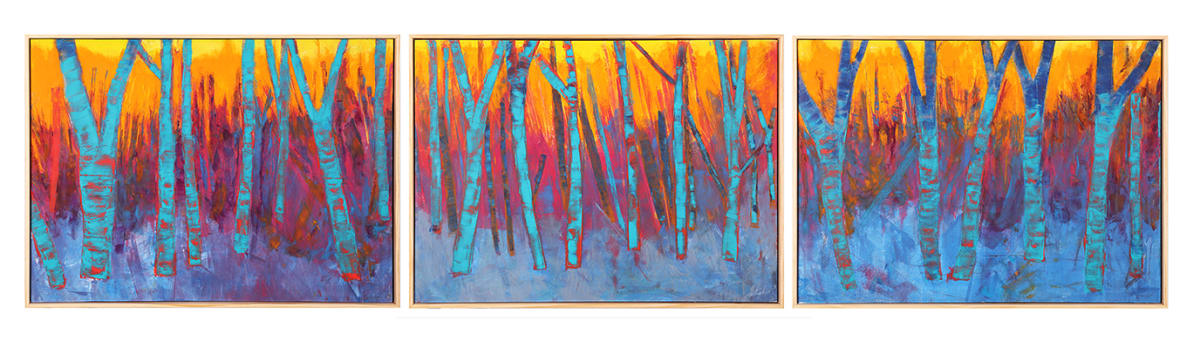 "Firesky"  Image: Original mixed media abstract triptych oil painting by Stevenjohn McHugh. Each panel measures 21.75" x 29.75" x 2.5. Mixed media with oil stick, marker, oil, graphite, charcoal and cold wax on Arches oil paper glued on wood panel with PH balance glue. Side of wood cradle (solid wood) is varished natural. Signed on front and back. Framed is a vanished gallery frame solid wood. Shipping included in the U.S.