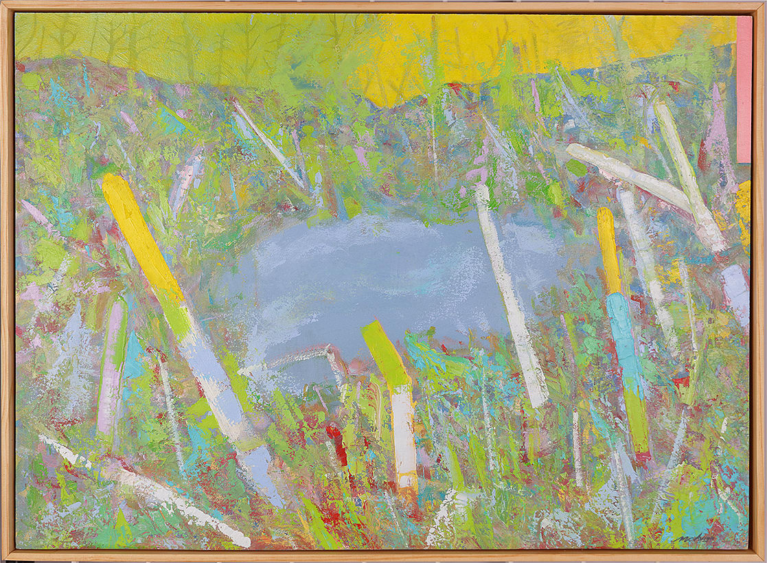 "Peepers Pond"  Image: Original abstract landscape oil painting by Stevenjohn McHugh measuring 21" x 29" x 1.5".. Mixed media oil, graphite, charcoal and cold wax on Arches oil paper glued on wood panel with PH balance glue. Side of wood cradle (solid wood) is painted black. Signed on front and back. Framed with natural finished wood, final size with frame is 21.75 x 29.75 x 2.5".  Shipping cost added after location is estabished and will be billed separately.