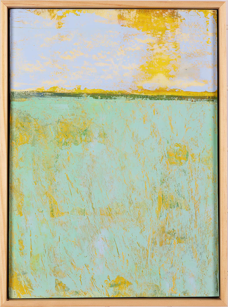 "Grassland" by Steven McHugh  Image: Original mixed media abstract oil painting by Stevenjohn McHugh. Mixed media with oil stick, marker, oil, graphite, charcoal and cold wax on Arches oil paper glued on wood panel with PH balance glue. Painting is 13.5"x 9.75" x 1.5". Signed on front and back. Framed is a vanished gallery frame solid wood. Shipping is included in the U.S.