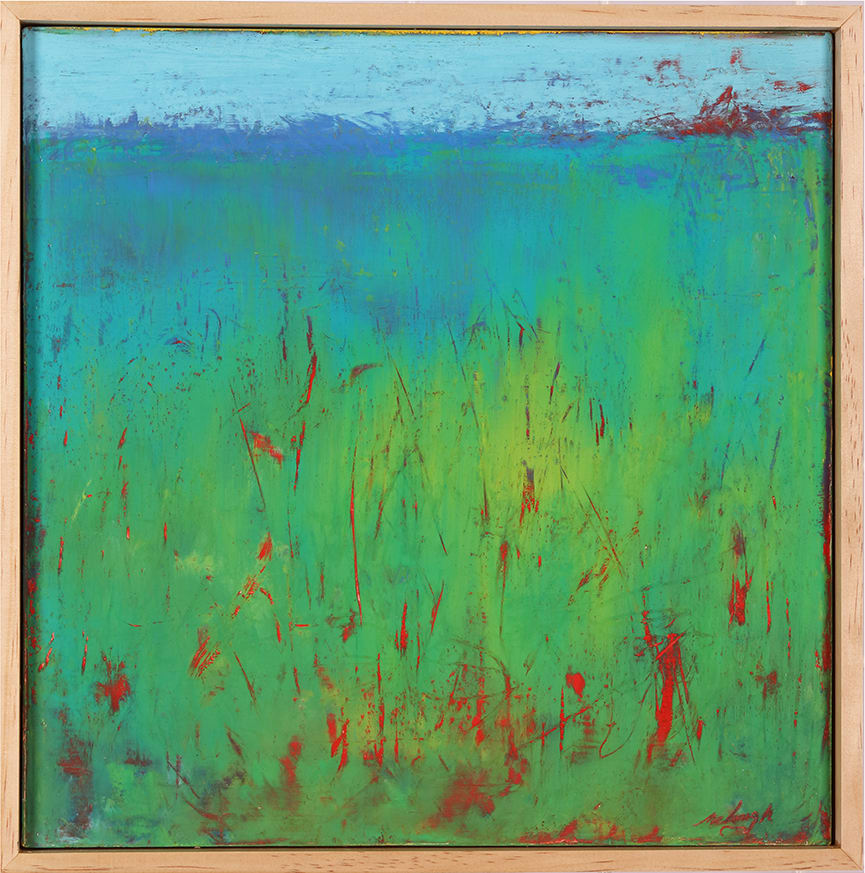 "Tall Grass" by Steven McHugh  Image: Original mixed media abstract landscape oil painting by Stevenjohn McHugh. Measures 12.75" x 12.75" x 2.5Mixed media with oil stick, marker, oil, graphite, charcoal and cold wax on Arches oil paper glued on wood panel with PH balance glue. Side of wood cradle (solid wood) is varished natural. Signed on front and back. Framed is a vanished gallery frame solid wood. Shipping included in the U.S.