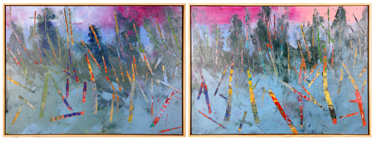 "Blowdown"  Image: Original mixed media abstract diptych oil painting by Stevenjohn McHugh. Each panel measures 21.75" x 29.75" x 2.5. Mixed media with oil stick, marker, oil, graphite, charcoal and cold wax on Arches oil paper glued on wood panel with PH balance glue. Side of wood cradle (solid wood) is varished natural. Signed on front and back. Framed is a vanished gallery frame solid wood. Shipping included in the U.S.