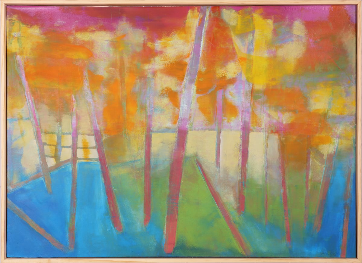 "Enchanted Woodlands" by Steven McHugh  Image: “I turn inward to create works of great emotional depth born of my own internal landscape.”

"Enchanted Woodlands"  is a vibrant and abstract representation of a forest scene. The composition is dominated by vertical lines suggesting tree trunks, rendered in hues of red and pink. The foliage is expressed through a blend of warm colors like oranges, yellows, and hints of pink, which create a vivid and dynamic canopy. The ground is depicted in cool tones of green and blue, providing a stark contrast to the warm colors above. The abstract nature of the painting gives it a dreamlike quality, emphasizing the interplay of colors and shapes rather than realistic details.
Original mixed media abstract oil painting by Stevenjohn McHugh titled "Enchanted Woodlands". Measures 21" x 29" x 1.5. Mixed media with oil stick, marker, oil, graphite, charcoal and cold wax on Arches oil paper glued on wood panel with PH balance glue. Side of wood cradle (solid wood) is varished natural. Signed on front and back. Framed is a vanished gallery frame solid wood. 

Shipping and sales tax will be established after sale.


