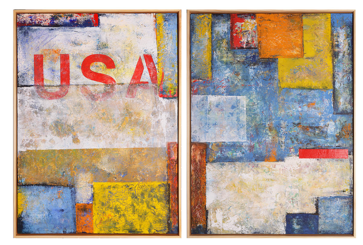"Back to the USA"  Image: "My challenge in painting a diptych is to create two paintings that can stand together or alone."

Original abstract oil painting by Stevenjohn McHugh. Mixed media acrylic, oil, graphite, oil crayon and cold wax on paper glued to wood panel with PH balanced glue. Side of wood cradle (solid wood) is clear varnished. Signed on front and back. This abstract series is based on weathered and worn surfaces. Dyptic painting is @ 45" x 30.75" x 2.5" when spaced 1' apart.