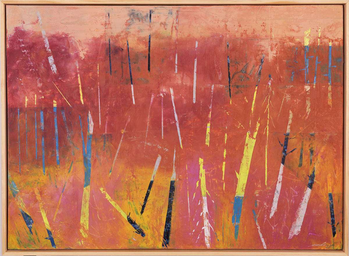 "Broken" by Steven McHugh  Image: "I have felt the pull back to an inclusion of elements of the physical landscape and begun a series of works exploring the mysteries of what lies between earth (nature) and sky (soul), and learning to live in that atmospheriec, ambiguous space, fully stepping into it.  These works are explorations in this developing series."

The artwork is an abstract landscape painting characterized by a vibrant color palette, predominantly featuring warm tones such as reds, oranges, and yellows. The composition is dynamic, with vertical and diagonal streaks in various colors including white, blue, black, and yellow, giving a sense of movement across the panel. The painting's background melds shades of pink, red, and peach, creating a rich and textured backdrop. The artist's brushstrokes are varied and expressive, evoking an energetic and somewhat chaotic environment, yet maintaining a visually coherent and engaging piece.

Original mixed media abstract oil painting by Stevenjohn McHugh titled "Broken ". Measures 29" x 21" x 1.5. Mixed media with oil stick, marker, oil, graphite, charcoal and cold wax on Arches oil paper glued on wood panel with PH balance glue. Side of wood cradle (solid wood) is varished natural. Signed on front and back. Framed is a vanished gallery frame solid wood. 

Sales tax and shipping will be estimated when location is determined.

#bayfieldwi 
#apostleislands 
#wisconsinartist 
#mixedmedia 
#modernart 
#contemporaryart
#painting 
#contemporarypainter
#paintstudio
#artgallery 
#fineart 
#abstractart
#artcollector 
#originalart
#contemporaryartwork 
#studio
#artgallery
#artcollector
#artadvisor 
#artcurator
#abstraction
#abstractart
#abstractpainting 
#artcollector 
#artistoninstagram
#stevenjohnmchugh 
#Aninhinabewakilands
#artistinthewoods
#lakegitchegumee