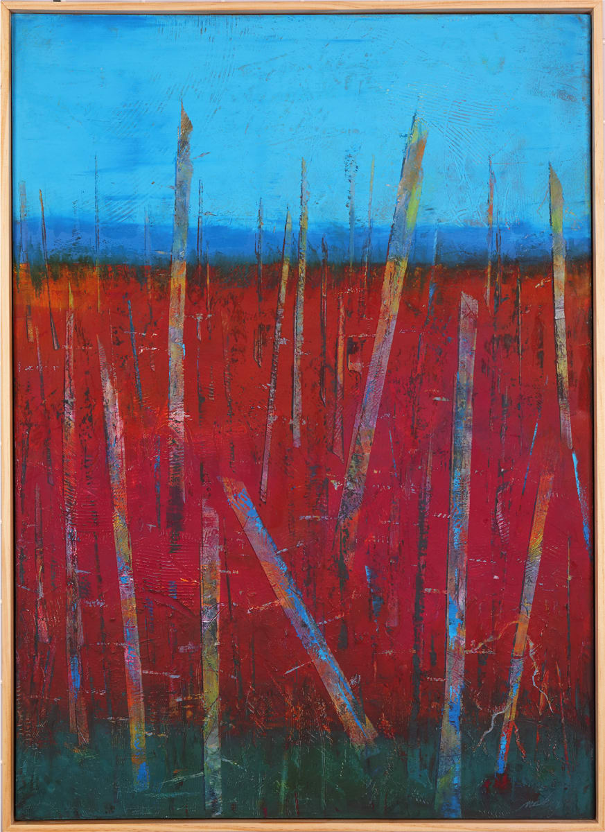 "Luscious" by Steven McHugh  Image: The artwork is a vivid and abstract landscape painting dominated by rich, saturated colors. The upper portion of the painting is a bright blue sky segment, transitioning into a darker horizon line. Below this line, there is an expansive field of deep reds, oranges, and earthy tones, suggesting a landscape perhaps filled with tall grasses or reeds. Thin, vertical lines of mixed colors, including yellows, blues, and greens, are sparsely spread throughout the red field, adding a sense of texture and movement. Overall, the artwork conveys an abstract natural scene with a striking color contrast that enhances its dynamic and evocative quality.

Original mixed media abstract oil painting by Stevenjohn McHugh titled "Luscious". Measures 29" x 21" x 1.5. Mixed media with oil stick, marker, oil, graphite, charcoal and cold wax on Arches oil paper glued on wood panel with PH balance glue. Side of wood cradle (solid wood) is varished natural. Signed on front and back. Framed is a vanished gallery frame solid wood. 

Sales tax and shipping will be established after destination determined.


#madelineisland #stevemchughart.com
#bayfieldwi 
#apostleislands 
#wisconsinartist 
#mixedmedia 
#modernart 
#contemporaryart
#painting 
#contemporarypainter
#paintstudio
#artgallery 
#fineart 
#abstractart
#artcollector 
#originalart
#contemporaryartwork 
#studio
#artgallery
#artcollector
#artadvisor 
#artcurator
#abstraction
#abstractart
#abstractpainting 
#artcollector 
#artistoninstagram
#stevenjohnmchugh 
#Aninhinabewakilands
#artistinthewoods
#lakegitchegumee