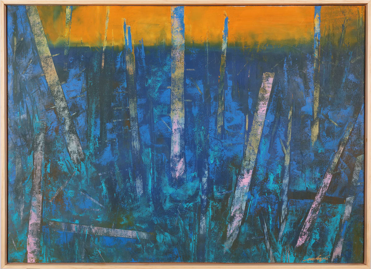 "Homogeneous" by Steven McHugh  Image: "Homogeneous" showcases a vivid abstract composition dominated by bold, contrasting colors. The lower half of the piece is enveloped in rich, deep blue hues interspersed with lighter cyan, creating an impression of depth and movement. Vertical and diagonal streaks of lighter blues, aquamarine, and hints of purple break through the darker background, adding texture and dynamism to the composition. The upper section transitions abruptly to a bright, warm orange band, suggesting a horizon or a boundary between elements. This striking use of colors and lines conjures a sense of energetic and vibrant natural scenery. The interplay between the cool and warm tones creates a captivating and visually stimulating experience.

Original mixed media abstract oil painting by Stevenjohn McHugh titled "Homogeneous ". Measures 21" x 29" x 1.5. Mixed media with oil stick, marker, oil, graphite, charcoal and cold wax on Arches oil paper glued on wood panel with PH balance glue. Side of wood cradle (solid wood) is varished natural. Signed on front and back. Framed is a vanished gallery frame solid wood. 


Shipping and sales tax will be established after destination is established. 

#madelineisland #stevemchughart.com #bayfieldwi #apostleislands #wisconsinartist #mixedmedia #modernart #contemporaryart #painting #contemporarypainter #paintstudio #artgallery #fineart #abstractart #artcollector #originalart #contemporaryartwork #studio #artgallery #artcollector #artadvisor #artcurator #abstraction #abstractart #abstractpainting #artcollector #artistoninstagram #stevenjohnmchugh #Aninhinabewakilands #artistinthewoods #lakegitchegumee