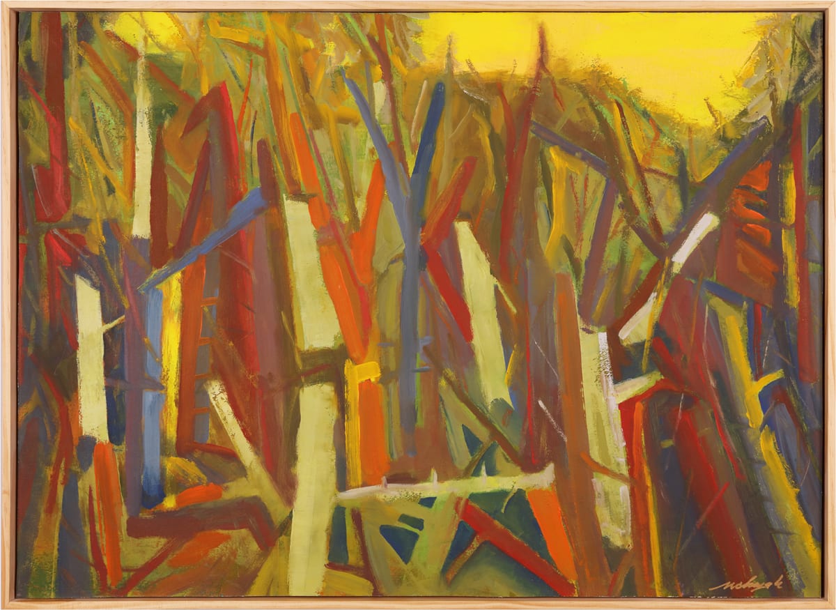 "Bone Yard" by Steven McHugh  Image: "My inspiration is the environment I have chosen to live in.  The trees, waters, light and horizons fill my days.  I'm creating luscious interior landscapes."

"Bone Yard"  is an abstract landscape painting characterized by bold, intersecting lines and vibrant, contrasting colors. Prominent reds, yellows, greens, blues, and oranges dominate the composition, giving it a dynamic and energetic feel. The lines and shapes create a sense of movement and depth, suggesting an intricate interplay of forms and colors. The background and additional elements are kept minimal, allowing the striking colors and shapes to take center stage.

Original mixed media abstract oil painting by Stevenjohn McHugh titled "Bone Yard ". Measures 21" x 29" x 1.5. Mixed media with oil stick, marker, oil, graphite, charcoal and cold wax on Arches oil paper glued on wood panel with PH balance glue. Side of wood cradle (solid wood) is varished natural. Signed on front and back. Framed is a vanished gallery frame solid wood.

Shipping and sales tax will be established after destination is determinged.

#madelineisland #stevemchughart.com #bayfieldwi #apostleislands #wisconsinartist #mixedmedia #modernart #contemporaryart #painting #contemporarypainter #paintstudio #artgallery #fineart #abstractart #artcollector #originalart #contemporaryartwork #studio #artgallery #artcollector #artadvisor #artcurator #abstraction #abstractart #abstractpainting #artcollector #artistoninstagram #stevenjohnmchugh #Aninhinabewakilands #artistinthewoods #lakegitchegumee