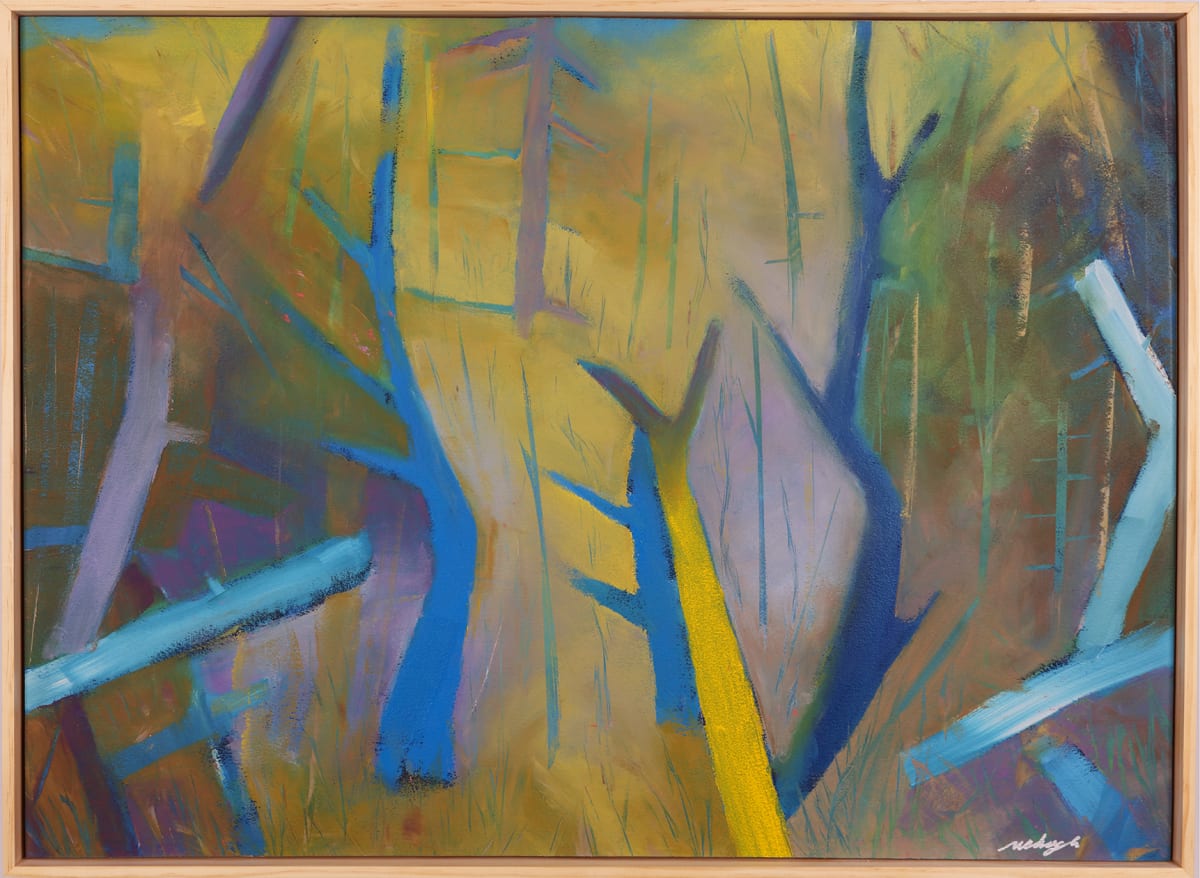 "Decomposing" by Steven McHugh  Image: "Decomposing" features an abstract representation of what seems to be tree branches or structures with a forest-like theme. The composition utilizes bold strokes and a diverse palette dominated by earthy tones of brown and yellow, interspersed with vibrant blues, purples, and hints of green. The lines create dynamic movement and depth, suggesting natural forms and organic growth patterns. The vivid colors and abstract shapes evoke a sense of movement and vitality, creating a balanced yet lively visual experience.

Original mixed media abstract oil painting by Stevenjohn McHugh titled "Decomposing ". Measures 21" x 29" x 1.5. Mixed media with oil stick, marker, oil, graphite, charcoal and cold wax on Arches oil paper glued on wood panel with PH balance glue. Side of wood cradle (solid wood) is varished natural. Signed on front and back. Framed is a vanished gallery frame solid wood.

Sales tax and shipping will be calulated after destination is established.

#madelineisland #stevemchughart.com #bayfieldwi #apostleislands #wisconsinartist #mixedmedia #modernart #contemporaryart #painting #contemporarypainter #paintstudio #artgallery #fineart #abstractart #artcollector #originalart #contemporaryartwork #studio #artgallery #artcollector #artadvisor #artcurator #abstraction #abstractart #abstractpainting #artcollector #artistoninstagram #stevenjohnmchugh #Aninhinabewakilands #artistinthewoods #lakegitchegumee