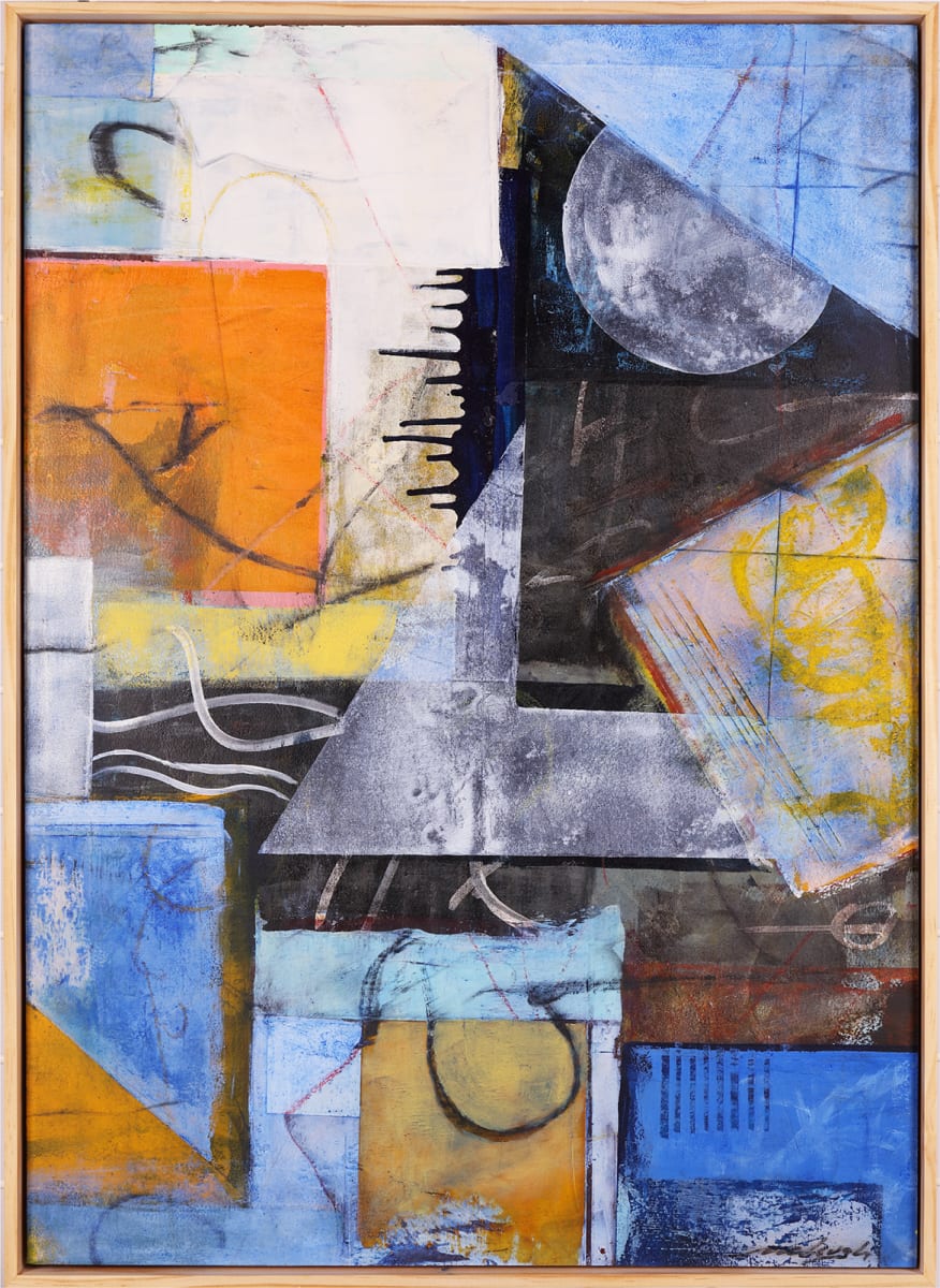 "Lunar Influenced" by Steven McHugh  Image: "Lunar Influenced," is an abstract composition featuring a variety of shapes, colors, and textures. The color palette includes hues of blue, orange, white, and black, which create contrast and visual interest. There are geometric forms such as rectangles and triangles that intersect and overlap, forming a dynamic array of lines and angles.

A prominent feature is a crescent-like Moon form towards the top right, set against a dark background, which draws the eye with its clearer delineation. Brushstrokes vary in size and intensity, suggesting both spontaneity and control in the application of paint. Some areas have a rough, textured quality, while others are smoother, with the layering of colors and shapes creating depth.

Scattered throughout are line markings and scribbles that add an element of gestural expression, conveying movement and energy. The overall impression is one of complexity and thoughtful composition, inviting the viewer to interpret the interplay of forms and colors. The work is framed in a gallery floating frame with natural wood finish, giving it a finished and professional appearance.

Original mixed media abstract oil painting by Stevenjohn McHugh titled "Lunar Influenced ". Measures 29" x 21" x 1.5. Mixed media with oil stick, marker, oil, graphite, charcoal and cold wax on Arches oil paper glued on wood panel with PH balance glue. Side of wood cradle (solid wood) is varished natural. Signed on front and back. Framed is a vanished gallery frame solid wood. 

 #madelineisland #stevemchughart.com #bayfieldwi #apostleislands #wisconsinartist #mixedmedia #modernart #contemporaryart #painting #contemporarypainter #paintstudio #artgallery #fineart #abstractart #artcollector #originalart #contemporaryartwork #studio #artgallery #artcollector #artadvisor #artcurator #abstraction #abstractart #abstractpainting #artcollector #artistoninstagram #stevenjohnmchugh #Aninhinabewakilands #artistinthewoods #lakegitchegumee