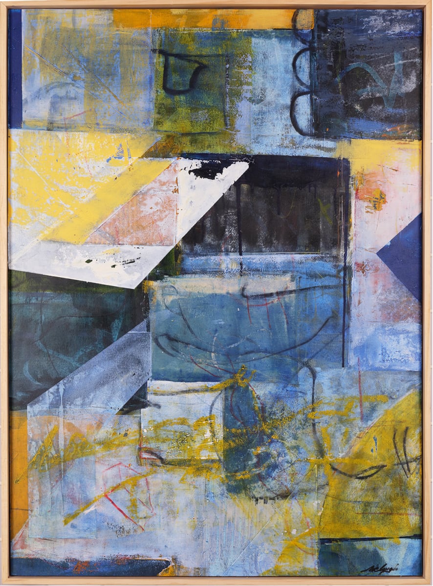 "ARTifact #17" by Steven McHugh  Image: ARTifact #17 is an abstract painting featuring a collage of shapes, lines, and colors. Dominant colors include blue, yellow, white, and hints of red and black. Geometry plays a significant role in the composition, with triangular and rectangular shapes overlapping and interacting across the canvas, creating a sense of depth and movement. The background shows variations in color intensity and brushwork, contributing to a textured, layered effect. Some areas are densely covered in paint, while others show more bare canvas, evidencing Steve's dynamic application of materials. The painting is encased in a simple natural wood gallery floating frame, which helps to define its boundaries and sets it apart as a complete work.

Original mixed media abstract oil painting by Stevenjohn McHugh titled "ARTifact #17 ". Measures 29" x 21" x 1.5. Mixed media with oil stick, marker, oil, graphite, charcoal and cold wax on Arches oil paper glued on wood panel with PH balance glue. Side of wood cradle (solid wood) is varished natural. Signed on front and back. Framed is a vanished gallery frame solid wood. 

 Buy now at: https://www.stevemchughart.com/product-page/artifact-17 #madelineisland #stevemchughart.com #bayfieldwi #apostleislands #wisconsinartist #mixedmedia #modernart 