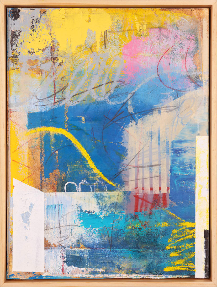 "Indulge" by Steven McHugh  Image: "Indulge" is an abstract painting, showcases a vibrant and dynamic composition with a blend of various colors. The prominent hues include shades of blue, yellow, pink, white, and red. The blue swathes of paint create a sense of fluidity across the panel, while the splashes of yellow and pink add a layer of warmth and contrast.

The painting is characterized by a mix of textures; some areas are smoothly blended, while others feature more aggressive, expressive brush strokes, lines, and markings that create a sense of movement. The piece also integrates several visual elements such as geometric and freeform shapes, drips, and resemble arches or loops in some parts. These elements overlap and interact, creating depth and a rich tapestry of visual intrigue. The use of white space and negative areas enables the colors to stand out, enhancing the overall composition.

Overall, the artwork embodies a lively and unstructured form of expression, inviting viewers to interpret the piece through their own perspectives and emotional responses.

Original mixed media abstract oil painting by Stevenjohn McHugh titled "Indulge". Measures 15.5" x 11.5" x 1.5. Framed size is 16.25" x 12.25 x 2.5". Mixed media with oil stick, marker, oil, graphite, charcoal and cold wax on Arches oil paper glued on wood panel with PH balance glue. Side of wood cradle (solid wood) is varished natural. Signed on front and back. Framed is a vanished gallery frame solid wood. 

 #madelineisland #stevemchughart.com #bayfieldwi #apostleislands #wisconsinartist #mixedmedia #modernart #contemporaryart #painting #contemporarypainter #paintstudio #artgallery #fineart #abstractart #artcollector #originalart #contemporaryartwork #studio #artgallery #artcollector #artadvisor #artcurator #abstraction #abstractart #abstractpainting #artcollector #artistoninstagram #stevenjohnmchugh #Aninhinabewakilands #artistinthewoods #lakegitchegumee