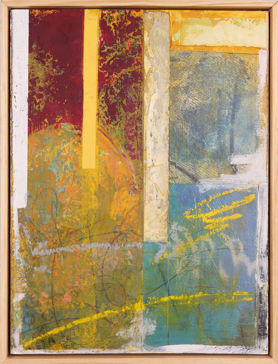 "Singular" by Steven McHugh  Image: "Singular" is an abstract painting that consists of a complex array of colors and textures from the combination of of papers collaged on wood panel. The panel is divided into sections with different dominant colors, including maroon, yellow, blue, and white. Each section contains various hues and shades, creating a layered and textured visual effect.

The left section of the painting has a deep maroon background overlaid with yellow and cream streaks. Moving towards the center, vertical bands in pale yellow and off-white cut across the panel. Further to the right, there is a textural contrast with a gritty blue area that transitions into a lighter blue with spontaneous yellow scribbles. The far right is dominated by a softer blue and white patchwork.

The overlapping of colors and the dynamic, scribble-like lines suggest movement and energy. The painting embodies abstract expressionism, wherein the focus is on spontaneous or subconscious creation. Overall, the artwork communicates through its varied composition, colors, and tactile surfaces, inviting the viewer to interpret the piece personally.

Original mixed media abstract oil painting by Stevenjohn McHugh titled "Singular". Measures 15.5" x 11.5" x 1.5. Framed size is 16.25" x 12.25 x 2.5". Mixed media with oil stick, marker, oil, graphite, charcoal and cold wax on Arches oil paper glued on wood panel with PH balance glue. Side of wood cradle (solid wood) is varished natural. Signed on front and back. Framed is a vanished gallery frame solid wood.

#madelineisland #stevemchughart.com #bayfieldwi #apostleislands #wisconsinartist #mixedmedia #modernart #contemporaryart #painting #contemporarypainter #paintstudio #artgallery #fineart #abstractart #artcollector #originalart #contemporaryartwork #studio #artgallery #artcollector #artadvisor #artcurator #abstraction #abstractart #abstractpainting #artcollector #artistoninstagram #stevenjohnmchugh #Aninhinabewakilands #artistinthewoods #lakegitchegumee
