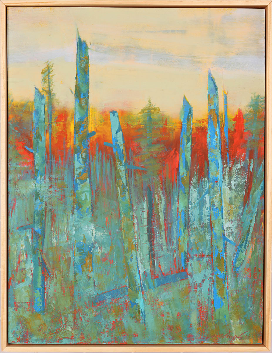 "Ancestors" by Steven McHugh  Image: Original mixed media abstract oil painting by Stevenjohn McHugh titled "Ancestors". Measures 19.5" x 15" x 1.5. Framed size is 20.25" x 15.75 x 2.5". Mixed media with oil stick, marker, oil, graphite, charcoal and cold wax on Arches oil paper glued on wood panel with PH balance glue. Side of wood cradle (solid wood) is varished natural. Signed on front and back. Framed is a vanished gallery frame solid wood.

"Ancestors" is an abstract landscape painting featuring vertical brushstrokes in a variety of colors, including shades of blue, green, red, and hints of yellow. The background offers a subtle gradient from a warm, pale yellow at the top, suggesting a sky, transitioning into warmer tones like orange and a rusty red, possibly indicating a horizon or distant landscape elements. The vivid, vertical elements give the impression of stylized trees or foliage, creating a sense of a forest and dense vegetation. There is a dynamic contrast between the cool blues and greens which dominate the foreground, and the warm backdrop, infusing the scene with energy and movement. The overall effect is one of a lush, abstract environment that evokes nature without defining it realistically. The painting is framed in a simple gallery floating light-colored frame that complements the art without distraction.

 #madelineisland #stevemchughart.com #bayfieldwi #apostleislands #wisconsinartist #mixedmedia #modernart #contemporaryart #painting #contemporarypainter #paintstudio #artgallery #fineart #abstractart #artcollector #originalart #contemporaryartwork #studio #artgallery #artcollector #artadvisor #artcurator #abstraction #abstractart #abstractpainting #artcollector #artistoninstagram #stevenjohnmchugh #Aninhinabewakilands #artistinthewoods #lakegitchegumee #madelineislandartist #madelineislandpainter