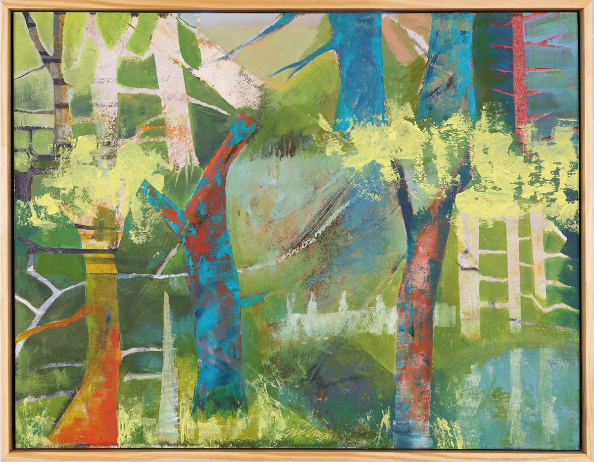 "Interplay" by Steven McHugh  Image: Original mixed media abstract oil painting by Stevenjohn McHugh titled "Interplay". Measures 15" x 19.5" x 1.5. Framed size is 15.75" x 20.25 x 2.5". Mixed media with oil stick, marker, oil, graphite, charcoal and cold wax on Arches oil paper glued on wood panel with PH balance glue. Side of wood cradle (solid wood) is varished natural. Signed on front and back. Framed is a vanished gallery frame solid wood.

"Interplay" is a vibrant, abstract depiction of a forest or group of trees. The composition is full of energetic brushstrokes and a rich palette of colors such as greens, blues, and yellows, juxtaposed with pops of red and orange. Organic shapes overlap and intertwine, suggesting the complexity of vegetation and the density of a woodland landscape. Textural variations and what looks like the presence of sgraffito, where layers of paint are scratched to reveal underlayers, add to the dynamic feel of the piece. The work is framed by a simple gallery floating narrow frame that contains and enhances the image.

 #madelineisland #stevemchughart.com #bayfieldwi #apostleislands #wisconsinartist #mixedmedia #modernart #contemporaryart #painting #contemporarypainter #paintstudio #artgallery #fineart #abstractart #artcollector #originalart #contemporaryartwork #studio #artgallery #artcollector #artadvisor #artcurator #abstraction #abstractart #abstractpainting #artcollector #artistoninstagram #stevenjohnmchugh #Aninhinabewakilands #artistinthewoods #lakegitchegumee #madelineislandartist #madelineislandpainter