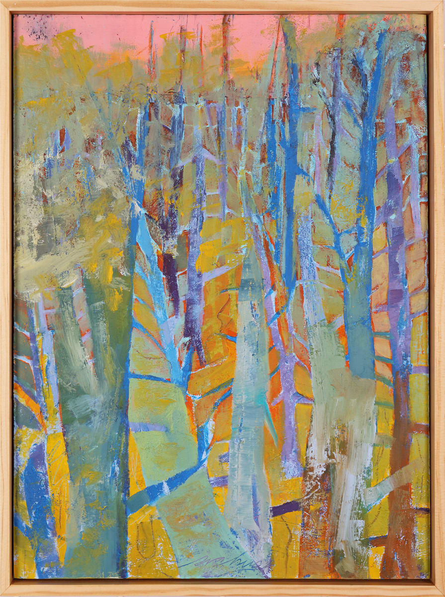 "Seeking My Way" by Steven McHugh  Image: Original mixed media abstract oil painting by Stevenjohn McHugh titled "Seeking My Way". Measures 15.5" x 11.5" x 1.5. Framed size is 16.5 x 12.25" x 2.5". Mixed media with oil stick, marker, oil, graphite, charcoal and cold wax on Arches oil paper glued on wood panel with PH balance glue. Side of wood cradle (solid wood) is varished natural. Signed on front and back. Framed is a vanished gallery frame solid wood.
 
"Seeking My Way" is an abstract painting featuring a vibrant and colorful forest scene. It is characterized by vertical elements that suggest trees, painted in blues, yellows, and greens against a background exhibiting a mixture of pink, yellow, and pale tones, which could represent the sky or light filtering through the trees. The painting is characterized by dynamic brushstrokes and a rich texture that add depth and movement to the composition, with the trees seemingly swaying or interacting with their surroundings. The use of color is bold and expressive, possibly conveying the energy or mood of the natural landscape. The piece is framed in a simple gallery floating light-colored frame that complements the painting without distracting from it.
 
#madelineisland #stevemchughart.com #bayfieldwi #apostleislands #wisconsinartist #mixedmedia #modernart #contemporaryart #painting #contemporarypainter #paintstudio #artgallery #fineart #abstractart #artcollector #originalart #contemporaryartwork #studio #artgallery #artcollector #artadvisor #artcurator #abstraction #abstractart #abstractpainting #artcollector #artistoninstagram #stevenjohnmchugh #Aninhinabewakilands #artistinthewoods #lakegitchegumee #madelineislandartist #madelineislandpainter