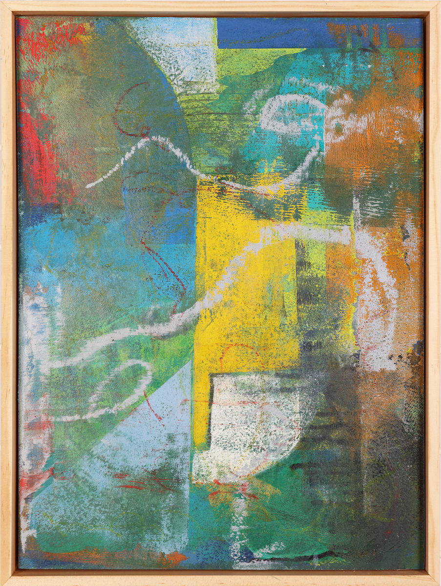 "Abstruse" by Steven McHugh  Image: Original mixed media abstract oil painting by Stevenjohn McHugh titled "Abstruse". Measures 15.5" x 11.5" x 1.5. Framed size is 16.25 x 12.25" x 2.5". Mixed media with oil stick, marker, oil, graphite, charcoal and cold wax on Arches oil paper glued on wood panel with PH balance glue. Side of wood cradle (solid wood) is varished natural. Signed on front and back. Framed is a vanished gallery frame solid wood.
 
"Abstruse" is an abstract painting featuring a dynamic composition of colors and textures. A vivid array of blues, greens, yellows, and oranges mingle with areas of white and grey, creating a rich visual tapestry. The use of color is bold and expressive, with thick and thin layers of paint applied in various techniques that suggest movement and energy.
 
Organic lines and shapes are interwoven throughout the canvas, some with softer, curving forms and others with more geometric precision. These shapes overlap and intersect, adding to the complexity and depth of the composition.
 
The painting conveys a sense of spontaneity and may evoke different emotions and interpretations from viewers. It is framed within a simple, gallery floating  light-toned wooden frame that complements the artwork without distracting from its striking visual impact.
 
 #madelineisland #stevemchughart.com #bayfieldwi #apostleislands #wisconsinartist #mixedmedia #modernart #contemporaryart #painting #contemporarypainter #paintstudio #artgallery #fineart #abstractart #artcollector #originalart #contemporaryartwork #studio #artgallery #artcollector #artadvisor #artcurator #abstraction #abstractart #abstractpainting #artcollector #artistoninstagram #stevenjohnmchugh #Aninhinabewakilands #artistinthewoods #lakegitchegumee #madelineislandartist #madelineislandpainter