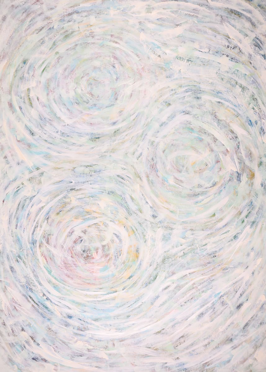"Ripples" by Steven McHugh  Image: Original mixed media abstract oil painting by Stevenjohn McHugh titled "Ripples". Measures 84" x 60" x 1.5. Mixed media with oil stick, marker, oil, graphite, charcoal and cold wax on canvas.

"Ripples" is a vertical canvas featuring an abstract composition with swirling, circular patterns that dominate the space. The strokes create a dynamic, fluid motion throughout the piece, suggesting a sense of whirlpool or cosmic movement. The color palette is soft and ethereal, with a predominance of white, pastel blues, pinks, and hints of yellow and green, giving it a dream-like quality. The overall effect is one of gentle motion and subtle color variations that evoke a serene, meditative atmosphere. The technique used gives the impression of a textured surface that adds depth to the artwork.

 #madelineisland #stevemchughart.com #bayfieldwi #apostleislands #wisconsinartist #mixedmedia #modernart #contemporaryart #painting #contemporarypainter #paintstudio #artgallery #fineart #abstractart #artcollector #originalart #contemporaryartwork #studio #artgallery #artcollector #artadvisor #artcurator #abstraction #abstractart #abstractpainting #artcollector #artistoninstagram #stevenjohnmchugh #Aninhinabewakilands #artistinthewoods #lakegitchegumee #madelineislandartist #madelineislandpainter