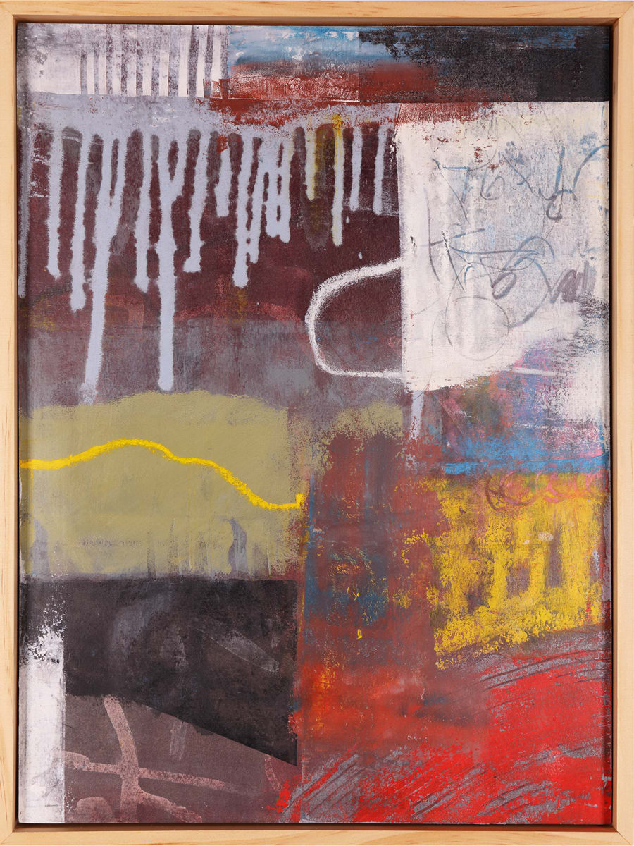 "Underground" by Steven McHugh  Image: "Underground" is an abstract painting that utilizes a variety of colors and techniques to create a composition that lacks a clear representation of real-world subjects. The upper portion of the painting features a section of white drips against a dark background. To the right, there's an area with lighter markings and scribbles over a faint background. A striking yellow line runs horizontally in the middle, separating the upper portion from the lower.

The lower section presents a mix of diverse color patches and textures. A dark brown or black area dominates the lower left, while adjacent to it, one can see sections that include reds, yellows, and blues, suggesting an interplay of warmth and coolness. There are traces of what might be brush strokes or various tools used to apply or scrape paint. Certain areas show evidence of layering, where colors overlap one another, creating depth and complexity.

The whole piece exudes a sense of controlled chaos and invites the viewer to interpret the interwoven colors and forms according to their own perception. The painting is framed in a gallery floating frame, which encloses the vibrant and emotionally charged composition.

Original mixed media abstract oil painting by Stevenjohn McHugh titled "Underground". Measures 11.5" x 15.5" x 1.5. Framed size is 12.25 x 16.25" x 2.5". Mixed media with oil stick, marker, oil, graphite, charcoal and cold wax on Arches oil paper glued on wood panel with PH balance glue. Side of wood cradle (solid wood) is varished natural. Signed on front and back. Framed is a vanished gallery frame solid wood.

 #madelineisland #stevemchughart.com #bayfieldwi #apostleislands #wisconsinartist #mixedmedia #modernart #contemporaryart #painting #contemporarypainter #paintstudio #artgallery #fineart #abstractart #artcollector #originalart #contemporaryartwork #studio #artgallery #artcollector #artadvisor #artcurator #abstraction #abstractart #abstractpainting #artcollector #artistoninstagram #stevenjohnmchugh #Aninhinabewakilands #artistinthewoods #lakegitchegumee
