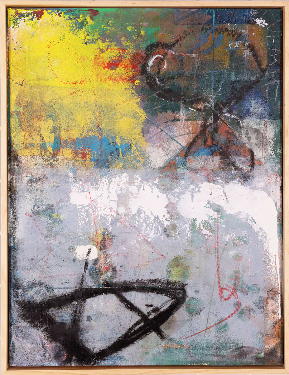 "Roam" by Steven McHugh  Image: Original mixed media abstract oil painting by Stevenjohn McHugh titled "Roam". Measures 19.5" x 15.25" x 1.5. Framed size is 20.25 x 16" x 2.5". Mixed media with oil stick, marker, oil, graphite, charcoal and cold wax on Arches oil paper glued on wood panel with PH balance glue. Side of wood cradle (solid wood) is varished natural. Signed on front and back. Framed is a vanished gallery frame solid wood.

The canvas is textured and layered with a variety of colors and shapes, communicating depth and complexity. Towards the upper portion of the painting, bold yellows and reds create a dynamic contrast, while smudges and splashes of dark brown and black add a sense of movement. In the middle of the composition, intersecting lines and curves, predominantly in black and grey hues, suggest a framework or structure amidst the chaos.

Near the bottom of the painting, larger shapes composed of thick, black outlines form two significant elements—one resembling an eye and the other a more ambiguous geometric form. Speckles of white paint throughout provide a sense of energy, like stars scattered across the panel. Thin, jagged lines in red slash across the space, adding to the painting's dynamic quality.

The bottom section has more subdued tones with patches of blue and green that soften the overall visual intensity. The background exhibits a texture that  results of layering colors and various materials, resulting in a tactile surface that enhances the painting’s depth. The art captures a sense of spontaneity and emotion, inviting viewers to interpret the confluence of forms and colors in their own way.

#madelineisland #stevemchughart.com #bayfieldwi #apostleislands #wisconsinartist #mixedmedia #modernart #contemporaryart #painting #contemporarypainter #paintstudio #artgallery #fineart #abstractart #artcollector #originalart #contemporaryartwork #studio #artgallery #artcollector #artadvisor #artcurator #abstraction #abstractart #abstractpainting #artcollector #artistoninstagram #stevenjohnmchugh #Aninhinabewakilands #artistinthewoods #lakegitchegumee #madelineislandartist #madelineislandpainter