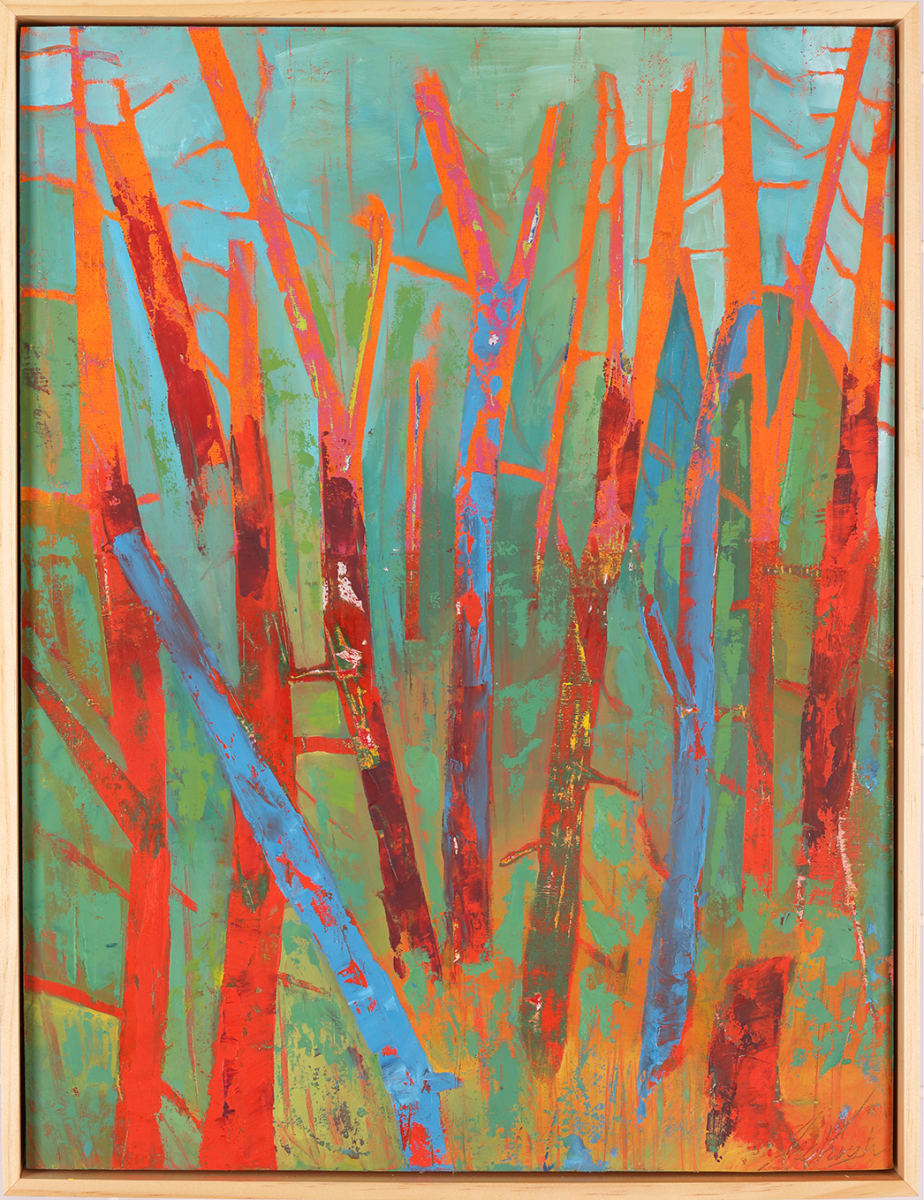 "Walking In Wonder" by Steven McHugh  Image: The artwork is a vibrant abstract painting featuring a dynamic composition of vertical and diagonal elements that evoke a sense of movement. The color palette is rich and includes shades of orange, blue, red, and green, with the interplay of colors creating a lively surface that suggests depth and texture. The brushstrokes vary in thickness and intensity, adding to the sense of energy and rhythm within the painting. The background has a greenish hue that complements and contrasts with the foreground elements. The painting is framed in a simple, light wooden frame that adds a finished look to the piece.
