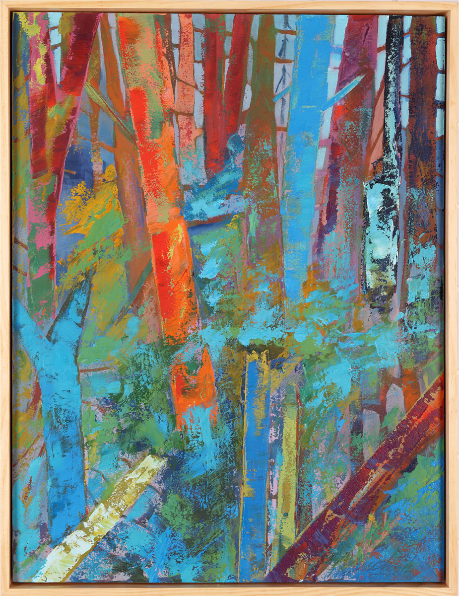 "My Journey" by Steven McHugh  Image: Original mixed media abstract oil painting by Stevenjohn McHugh titled "My Journey". Measures 19.5" x 15.25" x 1.5. Framed size is 20.25 x 16" x 2.5". Mixed media with oil stick, marker, oil, graphite, charcoal and cold wax on Arches oil paper glued on wood panel with PH balance glue. Side of wood cradle (solid wood) is varished natural. Signed on front and back. Framed is a vanished gallery frame solid wood.

"My Journey" is a vibrant abstract landscape painting rich with a variety of colors and textures. Dominated by vertical forms the presence of trees or natural elements, the composition features strokes and dabs of red, blue, green, and yellow, with hints of white and black that add depth. These colors and forms are interwoven in a way that creates a dynamic sense of a forest or densely packed space. The painting exudes vigor and a lively sense of movement, and the application of paint is thick and tactile, implying  an energetic and  impasto technique to layer and build the image. The artwork is framed in a simple gallery floating  light wood frame that complements its rich colors.

#madelineisland #stevemchughart.com #bayfieldwi #apostleislands #wisconsinartist #mixedmedia #modernart #contemporaryart #painting #contemporarypainter #paintstudio #artgallery #fineart #abstractart #artcollector #originalart #contemporaryartwork #studio #artgallery #artcollector #artadvisor #artcurator #abstraction #abstractart #abstractpainting #artcollector #artistoninstagram #stevenjohnmchugh #Aninhinabewakilands #artistinthewoods #lakegitchegumee #madelineislandartist #madelineislandpainter