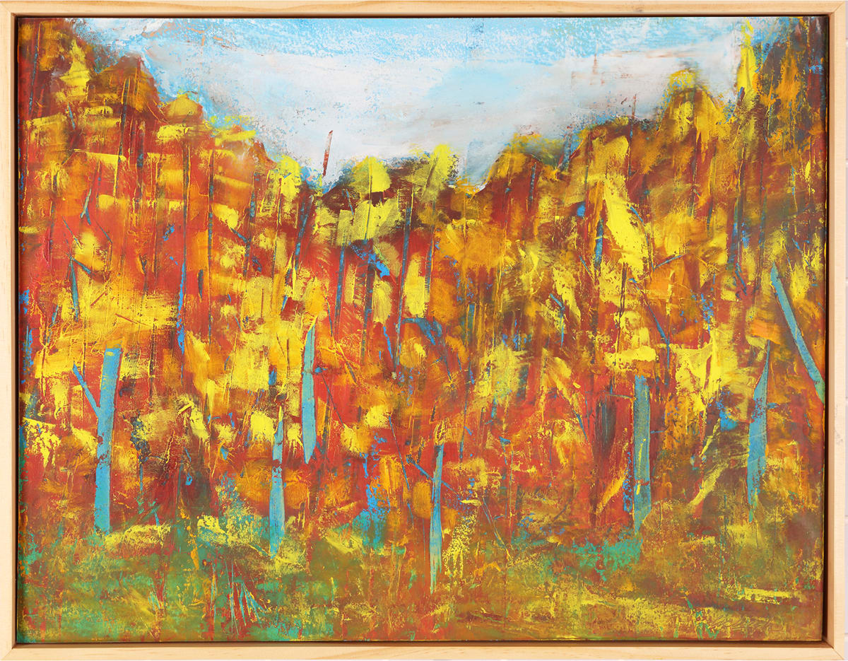 "Autumn Light" by Steven McHugh  Image: Original mixed media abstract oil painting by Stevenjohn McHugh titled "Autumn Light". Measures 15.25" x 19.25" x 1.5. Framed size is 16 x 20.25" x 2.5". Mixed media with oil stick, marker, oil, graphite, charcoal and cold wax on Arches oil paper glued on wood panel with PH balance glue. Side of wood cradle (solid wood) is varished natural. Signed on front and back. Framed is a vanished gallery frame solid wood.

"Autumn Light"  is a vibrant abstract painting with a rich tapestry of colors and texture. Dominating the panel are warm tones of yellow and orange, suggesting the intensity of a fiery landscape or the radiant glow of an autumn forest. Accents of blue and green punctuate the composition, providing a cool visual contrast to the dominant warmth of the piece. The upper portion of the painting transitions into a lighter area with swathes of white and blue, evoking a sense of sky or spaciousness above the dense, energetic activity below.

The abstract nature of the artwork allows for multiple interpretations, with a dynamic interplay between color and form that sparks the imagination. The expressive brushwork and layering of paint create a sense of depth and movement, inviting the viewer to explore the painting's surface and discover its myriad of details. The painting is framed, which delineates it from its surroundings and presents it as a window into an evocative, imagined landscape.

#madelineisland #stevemchughart.com #bayfieldwi #apostleislands #wisconsinartist #mixedmedia #modernart #contemporaryart #painting #contemporarypainter #paintstudio #artgallery #fineart #abstractart #artcollector #originalart #contemporaryartwork #studio #artgallery #artcollector #artadvisor #artcurator #abstraction #abstractart #abstractpainting #artcollector #artistoninstagram #stevenjohnmchugh #Aninhinabewakilands #artistinthewoods #lakegitchegumee #madelineislandartist #madelineislandpain