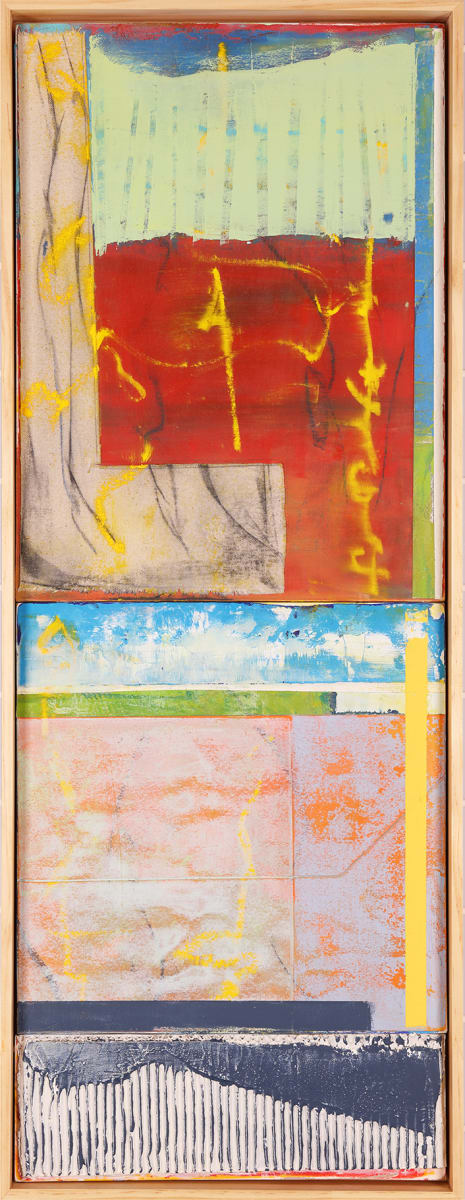 "Commingled" by Steven McHugh  Image: "My work is heavily layered with opaque and transparent painting, textures from different surfaces and using drawing media."

Original mixed media abstract oil painting by Stevenjohn McHugh titled "Commingled" collage. Triptych consists of three panels, total measures 31.5" x 11.75" x 1". Framed size is 32.25 x 12.5" x 2.5". Mixed media with oil stick, marker, oil, graphite, charcoal and cold wax on Arches oil paper glued on wood panel with PH balance glue, cardboard and raw canvas. Side of wood cradle (solid wood) is varished natural. Signed on front and back. Framed is a vanished gallery frame solid wood.

"Commingled"  is a vertically oriented piece with an abstract style, broken into several distinct sections framed within a wooden frame.

Starting from the top, the first section features a combination of yellow and blue brushstrokes over a predominantly creamy white background, forming a striped pattern. Below this, a bright red section with bold yellow markings and drips creates a striking contrast. A greyish area with curved lines and a geometrical shape intersects this section.

Moving further down, the next segment displays a series of horizontal layers with different textures and colors, including blues, whites, and greens, with hints of yellow. A prominent yellow vertical stripe is visible on the right side, contrasting with the other horizontal layers.

The subsequent section presents a collage-like appearance with a muted palette of soft pinks, oranges, greys, and touches of yellow, forming a delicate and diffused surface. It looks almost like aged, plastered wall textures.

Finally, the bottom section of the piece consists of a dense black strip with white vertical lines (cardboard), resembling a pattern that could be likened to piano keys or a barcode. This creates a graphic, high-contrast area at the base of the artwork.

Each portion offers a different visual and textural experience, suggesting a layered composition with a rich sense of depth and diversity. The use of color and line varies dramatically across the piece, contributing to its overall abstract and expressive quality.

 #madelineisland #stevemchughart.com #bayfieldwi #apostleislands #wisconsinartist #mixedmedia #modernart #contemporaryart #painting #contemporarypainter #paintstudio #artgallery #fineart #abstractart #artcollector #originalart #contemporaryartwork #studio #artgallery #artcollector #artadvisor #artcurator #abstraction #abstractart #abstractpainting #artcollector #artistoninstagram #stevenjohnmchugh #Aninhinabewakilands #artistinthewoods #lakegitchegumee #madelineislandartist #madelineislandpainter