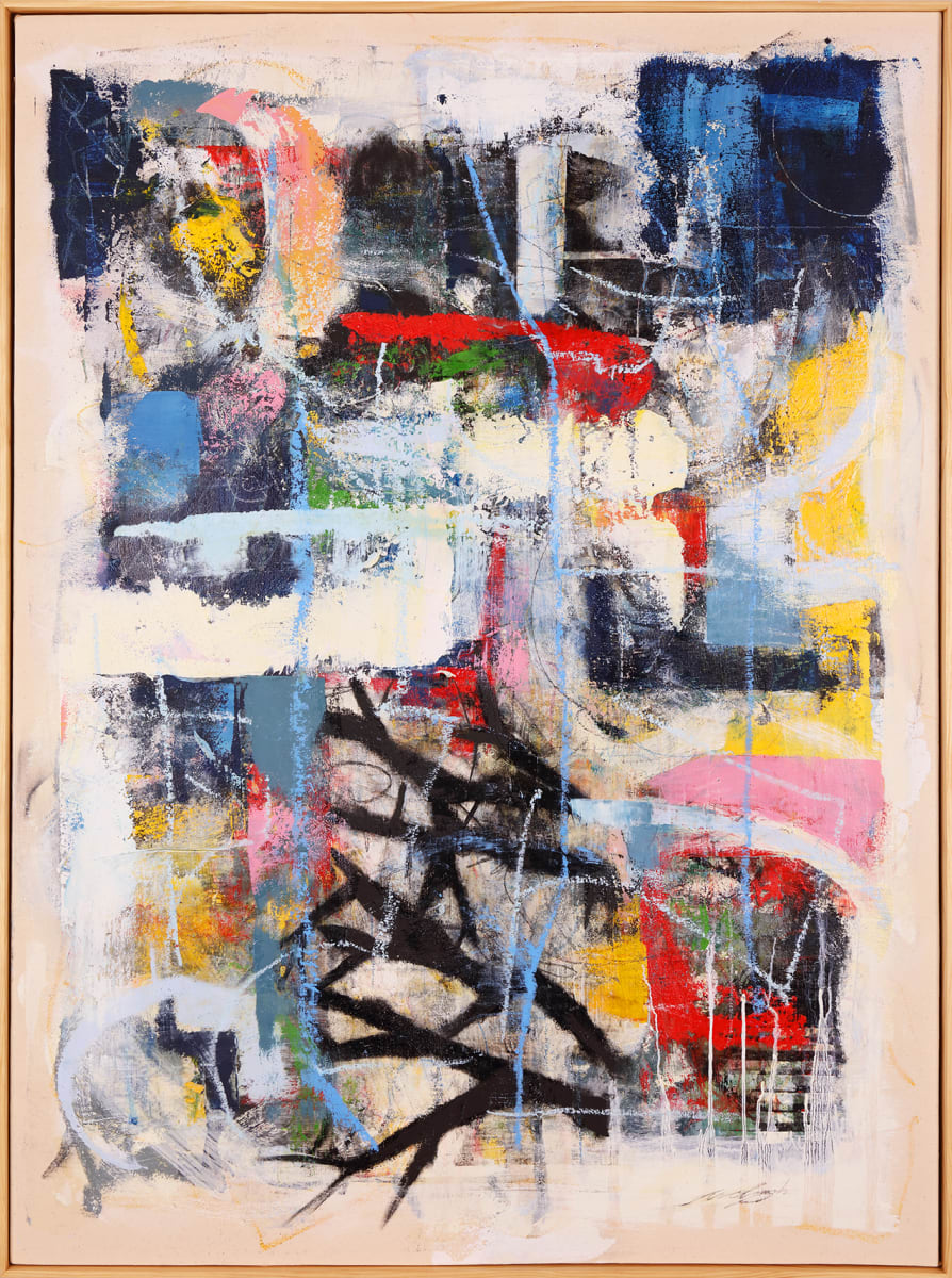 "Life's Complicated" by Steven McHugh  Image: Original mixed media abstract oil painting by Stevenjohn McHugh titled "Life's Complicated". Measures 48" x 36" x 1.5. Framed size is 48.75 x 36.75" x 2.5". Mixed media with oil stick, marker, oil, graphite, charcoal and cold wax on canvas on wood panel.  Side of wood cradle (solid wood) is varished natural. Signed on front and back. Framed is a vanished gallery frame solid wood.  Shop at www.stevemchughart.com #madelineisland #stevemchughart.com #bayfieldwi #apostleislands #wisconsinartist #mixedmedia #modernart #contemporaryart #painting #contemporarypainter #paintstudio #artgallery #fineart #abstractart #artcollector #originalart #contemporaryartwork #studio #artgallery #artcollector #artadvisor #artcurator #abstraction #abstractart #abstractpainting #artcollector #artistoninstagram #stevenjohnmchugh #Aninhinabewakilands #artistinthewoods #lakegitchegumee