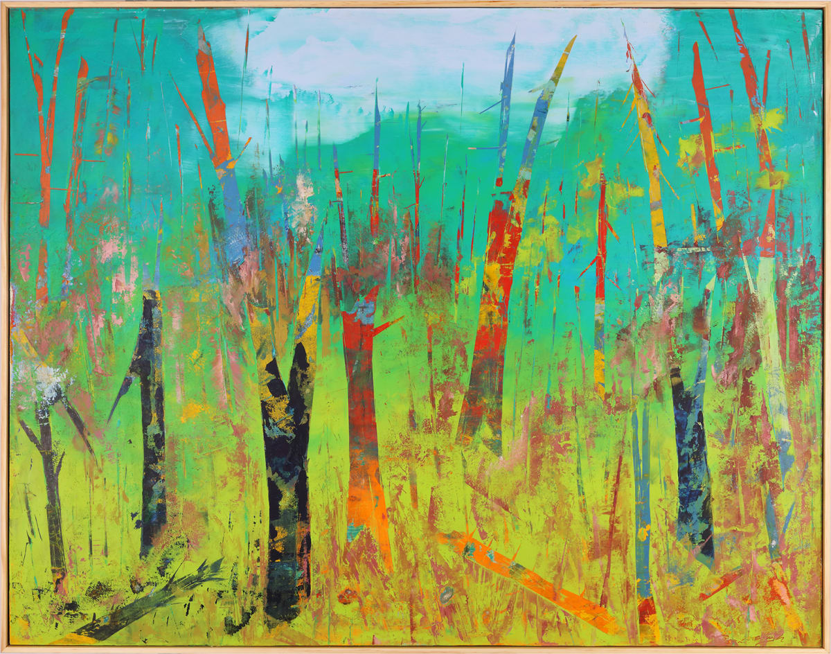 "Muse" by Steven McHugh  Image: Original mixed media abstract landscape oil painting by Stevenjohn McHugh titled "Muse". Measures 36" x 48" x 1.5. Framed size is 36.75 x 48.75" x 2.5". Mixed media with oil stick, marker, oil, graphite, charcoal and cold wax on Arches oil paper glued on wood panel with PH balance glue. Side of wood cradle (solid wood) is varished natural. Signed on front and back. Framed is a vanished gallery frame solid wood.

"Muse"  is an abstract painting with a vibrant and energetic array of colors and brushstrokes representing this  landscape. It features a spectrum of colors including bright greens, yellows, blues, reds, and oranges, with some areas of black and white. The composition is dynamic, with lines and colors overlapping and intersecting in a seemingly spontaneous manner. The top section of the painting suggests a lighter, sky-like area with hints of blue and white, while the rest of the canvas is filled with more intense coloration. The energetic marks and drips create a lively and textured surface that conveys movement and emotion.

Available at Fine Line Design Gallery, Sister Bay, WI, https://www.finelinedesignsgallery.com/

#madelineisland #stevemchughart.com #bayfieldwi #apostleislands #wisconsinartist #mixedmedia #modernart #contemporaryart #painting #contemporarypainter #paintstudio #artgallery #fineart #abstractart #artcollector #originalart #contemporaryartwork #studio #artgallery #artcollector #artadvisor #artcurator #abstraction #abstractart #abstractpainting #artcollector #artistoninstagram #stevenjohnmchugh #Aninhinabewakilands #artistinthewoods #lakegitchegumee