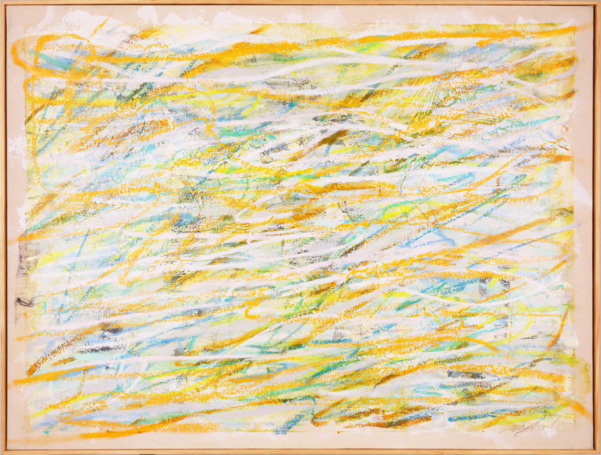 "Lines #1" by Steven McHugh  Image: Original mixed media abstract landscape oil painting by Stevenjohn McHugh titled "Lines #1". Measures 36" x 48" x 1.5. Framed size is 36.75 x 48.75" x 2.5". Mixed media with oil stick, marker, oil, graphite, charcoal and cold wax on canvas. Signed on front and back. Framed is a vanished gallery frame solid wood.

"Line #1"  is a vibrant abstract composition dominated by dynamic strokes and splashes of color. Interwoven textures in yellow, blue, white, and touches of green and orange create an energetic and expressive visual field. The use of color and motion convey a sense of spontaneity, and the energetic layering of hues suggests depth and complexity. There's an element of gestural brushwork that gives the piece a sense of movement, almost as though capturing an abstract dance of color and form on canvas. The overall effect is one of liveliness and visual excitement, with colors spreading across the surface in a controlled yet free-form manner. The painting is framed with a simple, light gallery floating frame that contains and contrasts the dynamic content.

#madelineisland #stevemchughart.com #bayfieldwi #apostleislands #wisconsinartist #mixedmedia #modernart #contemporaryart #painting #contemporarypainter #paintstudio #artgallery #fineart #abstractart #artcollector #originalart #contemporaryartwork #studio #artgallery #artcollector #artadvisor #artcurator #abstraction #abstractart #abstractpainting #artcollector #artistoninstagram #stevenjohnmchugh #Aninhinabewakilands #artistinthewoods #lakegitchegumee