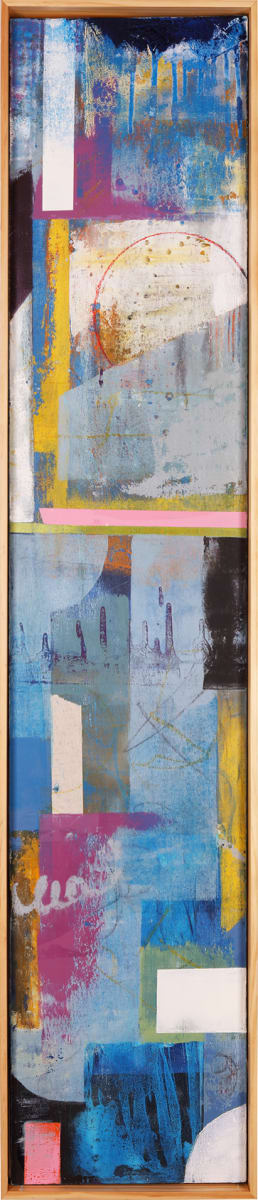 "Commingle" by Steven McHugh  Image: Original mixed media abstract oil painting by Stevenjohn McHugh titled "Commingle". Measures 48" x 10" x 1.5. Framed size is 48.75 x 10.75" x 2.5". Mixed media with oil stick, marker, oil, graphite, charcoal and cold wax on canvas. Signed on front and back. Framed is a vanished gallery frame solid wood.  

"Commingle" is an abstract painting that employs bold color blocks, drips, and strokes to create a complex visual tableau. The canvas is dominated by blues, ranging from pale to deep navy, complemented by pops of yellow, pink, red, and orange. It incorporates a variety of textures and layers that evoke a sense of depth.

Rectangular and square fields of color punctuate the composition, creating a rhythm across the surface. Some of these geometric forms contain smaller details and seem to float above the underlying layers, contrasting with the more spontaneous and fluid marks.

A prominent circular motif, bordered in red, rests near the upper left quadrant, adding a dynamic focal point amidst the angular elements. Throughout the painting, there's an interplay of opacity and translucency, indicative of numerous applications and removals of paint.

The piece is encased in a simple gallery floating wood frame that complements its modern aesthetic, allowing the vibrancy and energy of the abstract composition to stand at the forefront.r

#madelineisland #stevemchughart.com #bayfieldwi #apostleislands #wisconsinartist #mixedmedia #modernart #contemporaryart #painting #contemporarypainter #paintstudio #artgallery #fineart #abstractart #artcollector #originalart #contemporaryartwork #studio #artgallery #artcollector #artadvisor #artcurator #abstraction #abstractart #abstractpainting #artcollector #artistoninstagram #stevenjohnmchugh #Aninhinabewakilands #artistinthewoods #lakegitchegumee
