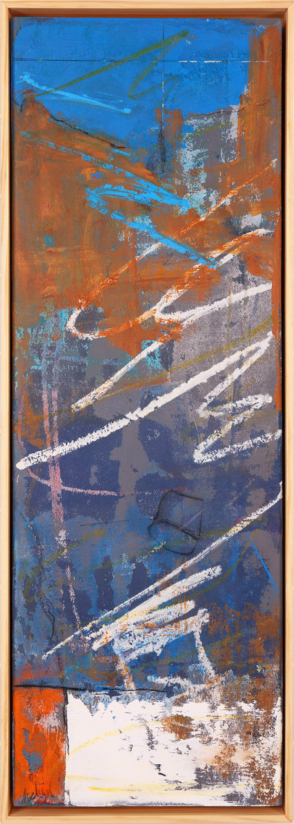 "ARTifact #20" by Steven McHugh  Image: Original mixed media abstract oil painting by Stevenjohn McHugh titled "ARTifact #20". Measures 29.5" x 10" x 1.5. Framed size is 30.25 x 10.75" x 2.5". Mixed media with oil stick, marker, oil, graphite, charcoal and cold wax on Arches oil paper glued on wood panel with PH balance glue. Side of wood cradle (solid wood) is varished natural. Signed on front and back. Framed is a vanished gallery frame solid wood. 

"My ARTifact series is inspired by the natural processes of weather, time, cause and effect. Celebrating the beauty of a well-worn surface and an aesthetic of imperfection. My works are developed as a visceral response to my environment, ambiguous organic forms emerge from a play on negative and positive space. Balancing, barely touching yet they create tension between the shapes. The varied material I use are subjected to layering, peeling, scraping, scratching, heat and abrasion, in a similar way in which earth’s surface is exposed to the elements of fire, wind and water. My process is equally accidental and purposeful, intuitive and thoughtful. As paint is applied, then scratched and scraped back, a narrative is generated and a layering of history is revealed. " Shipping included in the U.S. Shop at www.stevemchughart.com

#madelineisland #stevemchughart.com #bayfieldwi #apostleislands #wisconsinartist #mixedmedia #modernart #contemporaryart #painting #contemporarypainter #paintstudio #artgallery #fineart #abstractart #artcollector #originalart #contemporaryartwork #studio #artgallery #artcollector #artadvisor #artcurator #abstraction #abstractart #abstractpainting #artcollector #artistoninstagram #stevenjohnmchugh #Aninhinabewakilands #artistinthewoods #lakegitchegumee