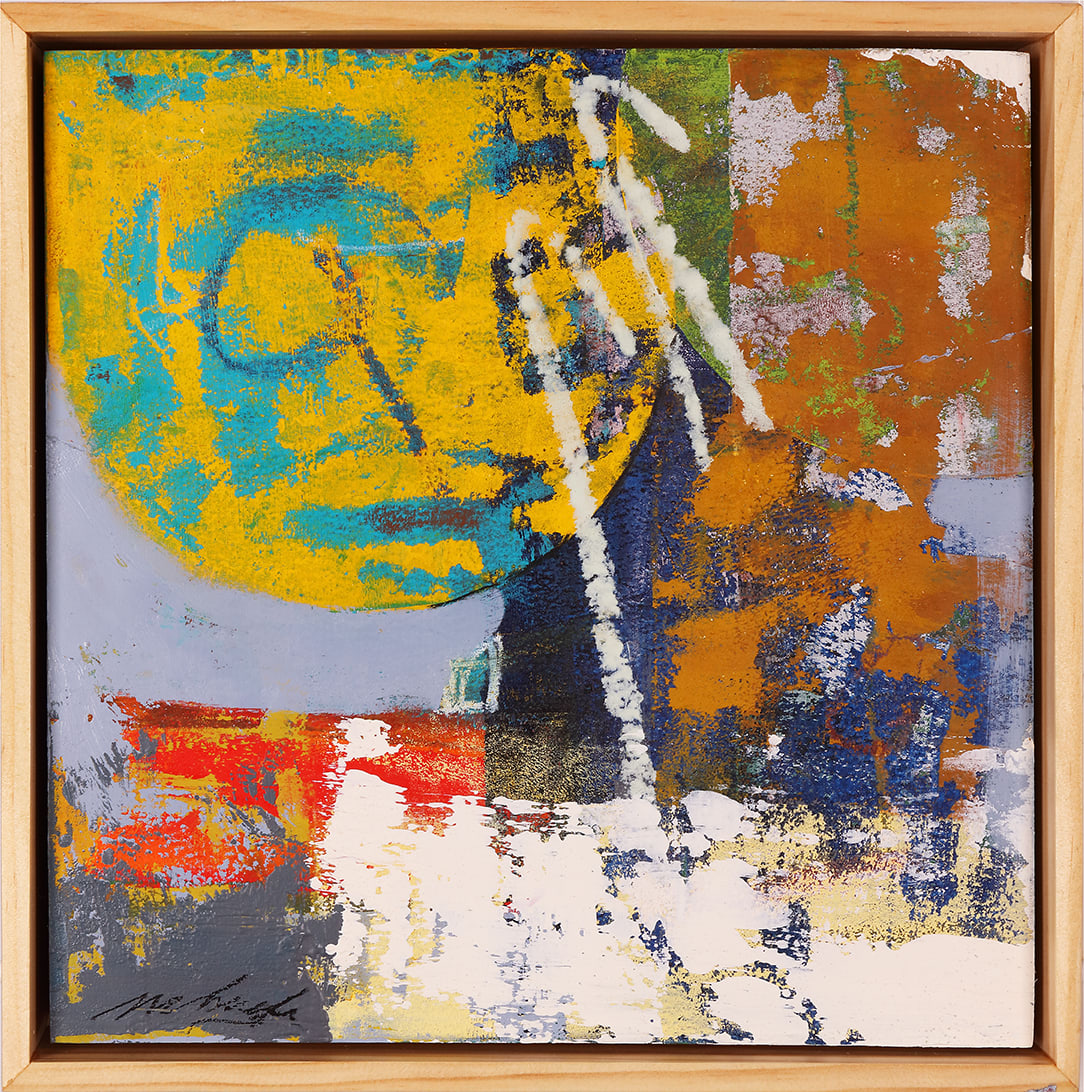 "ARTifact #22" by Steven McHugh  Image:  Original mixed media abstract oil painting by Stevenjohn McHugh titled "ARTifact #22". Measures 9.75" x 9.75" x 1.5. Framed size is 10.5 x 10.5" x 2.5". Mixed media with oil stick, marker, oil, graphite, charcoal and cold wax on Arches oil paper glued on wood panel with PH balance glue. Side of wood cradle (solid wood) is varished natural. Signed on front and back. Framed is a vanished gallery frame solid wood. Shipping included in the U.S. Shop at www.stevemchughart.com 

"My ARTifact series is inspired by the natural processes of weather, time, cause and effect. Celebrating the beauty of a well-worn surface and an aesthetic of imperfection. My works are developed as a visceral response to my environment, ambiguous organic forms emerge from a play on negative and positive space. Balancing, barely touching yet they create tension between the shapes. The varied material I use are subjected to layering, peeling, scraping, scratching, heat and abrasion, in a similar way in which earth’s surface is exposed to the elements of fire, wind and water. My process is equally accidental and purposeful, intuitive and thoughtful. As paint is applied, then scratched and scraped back, a narrative is generated and a layering of history is revealed. "#madelineisland #stevemchughart.com #bayfieldwi #apostleislands #wisconsinartist #mixedmedia #modernart #contemporaryart #painting #contemporarypainter #paintstudio #artgallery #fineart #abstractart #artcollector #originalart #contemporaryartwork #studio #artgallery #artcollector #artadvisor #artcurator #abstraction #abstractart #abstractpainting #artcollector #artistoninstagram #stevenjohnmchugh #Aninhinabewakilands #artistinthewoods #lakegitchegumee