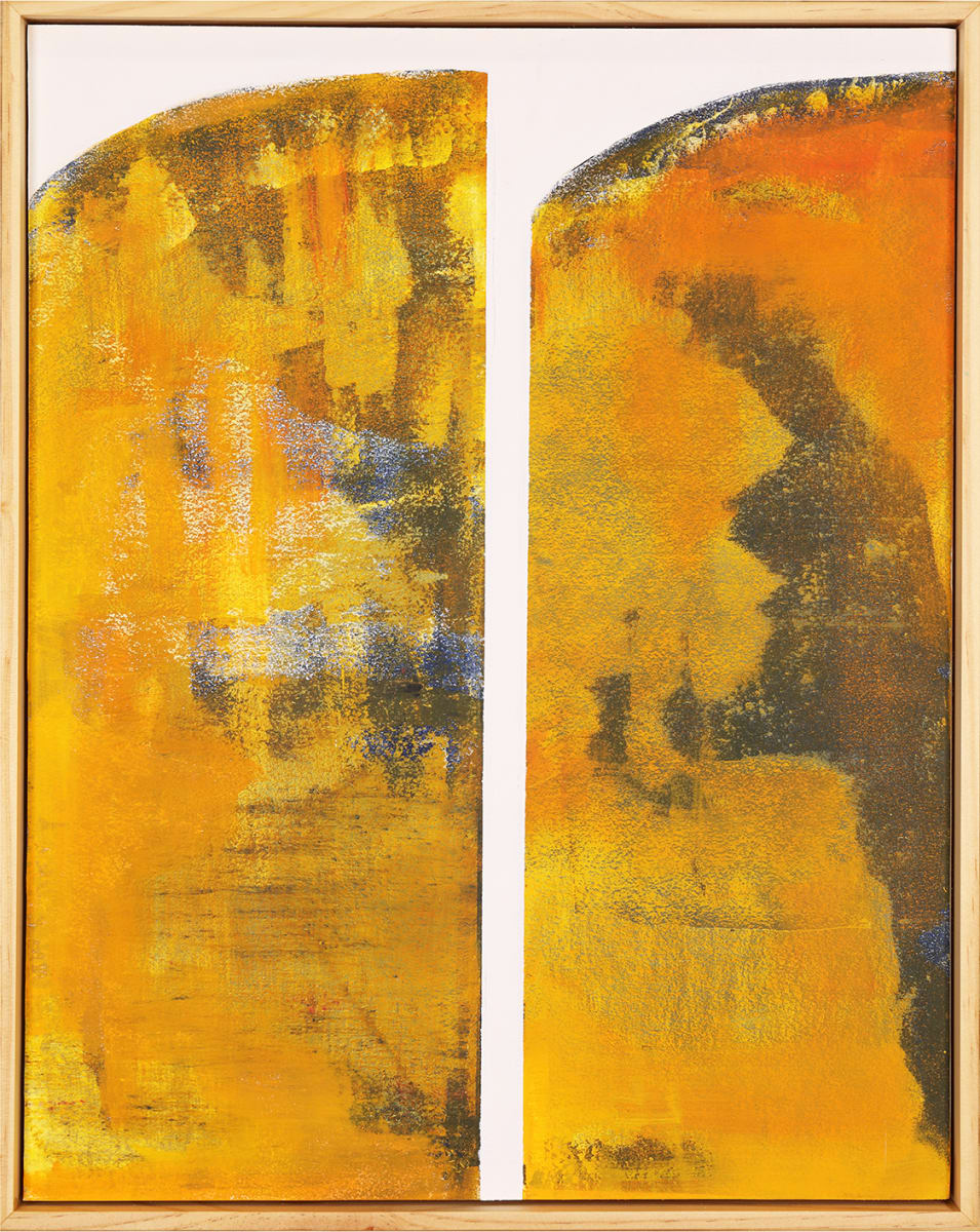 "Yellow Bar #1" by Steven McHugh  Image: Overall view of original mixed media painting by abstract artist Steve McHugh, this 20" x 16" painting is yellow and Indian yellow and is on Arches oil paper, glued on wood panel and is in gallery floating fram