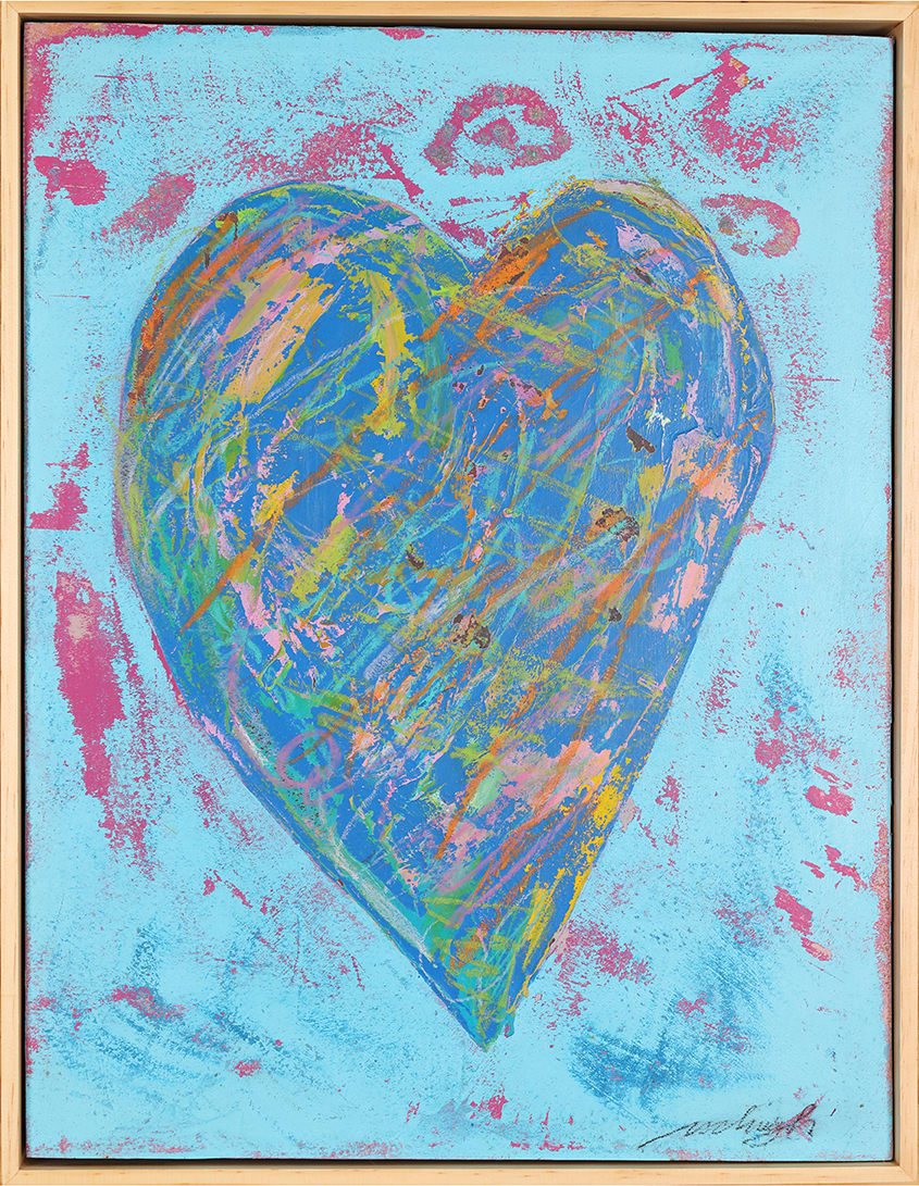 "Blue Heart" by Steven McHugh  Image: "Blue Heart" is a unique and textured work of art that will make a powerful statement in any space. McHugh's use of bold strokes and intricate patterns allows the painting to evoke a sense of deep emotion and introspection, making it a thought-provoking addition to any art collection. With its vibrant teal, deep blue, and delicate touches of gold and orange, "Blue Heart" is a captivating piece that is sure to captivate and inspire all who have the privilege of experiencing its raw beauty. Whether you are a seasoned art collector or a first-time buyer, "Blue Heart" is an exceptional investment that will bring a sense of depth and sophistication to any environment. Don't miss the opportunity to own this stunning original painting and bring a touch of creativity and passion into your life.

Painting is a combination of graphite, wax crayon, oil and cold wax layers, reduced with scrapping and sanding to create this worn surface. Surface is arches oil paper, glued to wood panel with PH balanced glue and placed in custom gallery floating frame.

Shipping and state sales tax is added after purchase.