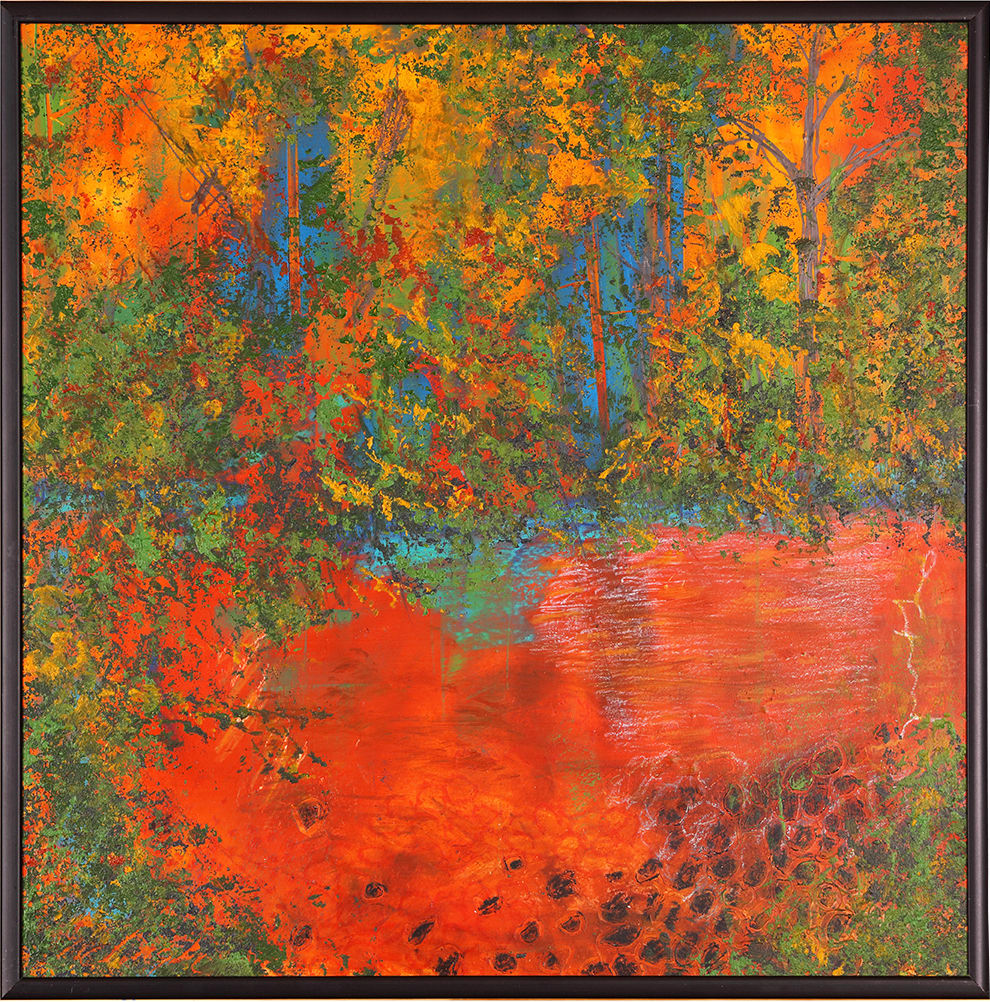 "Tranquil Forest" by Steven McHugh  Image: Bring the beauty and tranquility of the forest into your home with "Tranquil Forest" by abstract painter Steve McHugh. This original painting bursts with intense colors and intricate detail markings, creating a bold and captivating piece of art. The intense reds are offset by textures of greens, yellows, and blues, evoking the feeling of being surrounded by a lush and vibrant forest. The small pond in the foreground, complete with basalt rocks along the shore, was inspired by the stunning natural beauty of Madeline Island in Lake Superior, as part of the Apostle Islands Lakeshore. Add a touch of nature and serenity to your space with this stunning piece from the artist's studio.

Painting is mixed media on masonite 12" x 12" panel and is framed with metal frame. Layers are oil and cold wax, wax crayons, and  graphite with palette knives and even beach hand.

This artwork is a vibrant abstract painting, bordered by a simple dark frame. The composition is distinguished by a dynamic interplay of colors and textures that suggest a natural landscape setting. The canvas is dominated by fiery shades of orange and red that create an almost molten, flowing effect at the bottom portion which represents a frog pond and a forest floor awash with autumn leaves.

Above this area, vertical elements in blue and darker tones stretch upward, representing trees within this chromatic environment. Interspersed among these vertical forms are specks and patches of bright yellow and green, mimicking the chaotic beauty of foliage caught in the light. The interweaving of these colors is achieved through a mix of blending and layering techniques, giving the work a sense of depth and movement.

The abstract nature of the painting allows for multiple interpretations, but it strongly evokes the essence of a forest during the fall season, full of intense warmth and vivacity. The overall effect is both striking and captivating, inviting the viewer to explore the details within the tumult of colors.

Shipping and sales tax will be established after purchase.