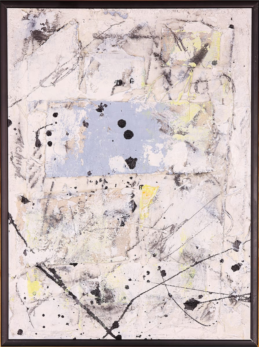 "artifact #26" by Steven McHugh  Image: "Artifact #26," a stunning mixed media original painting on masonite panel with layers of canvas by Steve McHugh. This unique piece has been created with oil and cold wax, with additional marks made using graphite and charcoal for added depth and texture. Measuring 12" x 9," this artwork features a captivating mix of grays and soft touches of light yellow, creating a truly mesmerizing aesthetic. The deep texture and intricate details make "Artifact #26" a must-have for any art enthusiast looking to add a touch of mystery and beauty to their collection.

Artist note, "My ARTifact series is inspired by the natural processes of weather, time, cause and effect. Celebrating the beauty of a well-worn surface and an aesthetic of imperfection. My works are developed as a visceral response to my environment, ambiguous organic forms emerge from a play on negative and positive space. Balancing, barely touching yet they create tension between the shapes. The varied material I use are subjected to layering, peeling, scraping, scratching, heat and abrasion, in a similar way in which earth’s surface is exposed to the elements of fire, wind and water. My process is equally accidental and purposeful, intuitive and thoughtful. As paint is applied, then scratched and scraped back, a narrative is generated and a layering of history is revealed. "

Original mixed media collage abstract oil painting by Steve McHugh titled "artifact #26". Measures 12.5" x 9.5" x 1.5. Framed in Neilson metal frame and ready to hang.  Signed on front and back.