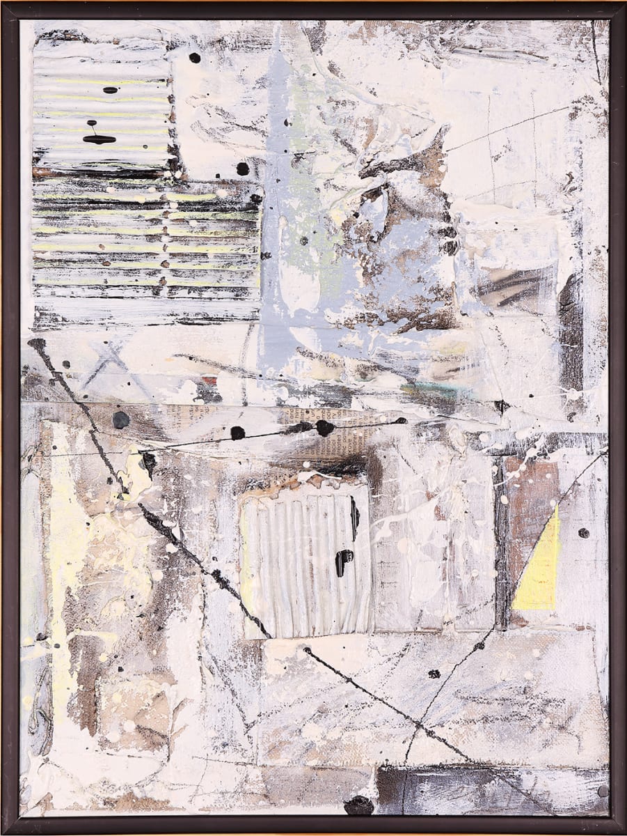 "artifact #28" by Steven McHugh  Image: "Artifact #28", a unique mixed media original oil painting that is sure to captivate any art enthusiast. This one-of-a-kind piece features a combination of graphite, charcoal, oil, and cold wax on layers of newspaper, cardboard, and canvas collaged on a masonite panel. The cool grays and warm light yellow hues with black marks create a striking contrast, making this painting truly stand out. Measuring 12" tall by 9" wide, it is framed in a black simple Neilson metal frame, adding an elegant touch to the overall presentation. Add a touch of sophistication and individuality to your space with this exceptional work of art.
 
The artwork is an abstract painting with a rich texture and a variety of materials and colors integrated into its composition. The piece shows an assemblage of different forms and strokes, combining neutral tones like whites, grays, and browns with subtle inclusions of color, such as yellow. There is a use of lines and drips creating a dynamic sense of movement across the canvas. The painting also includes what looks like collage elements, where printed text and patterns are visible beneath layers of paint, suggesting a mixed media approach. These elements are interspersed with intentional splotches and scratches, contributing to the artwork's layered and weathered visual effect. The piece is framed, giving it a finished and contained appearance.