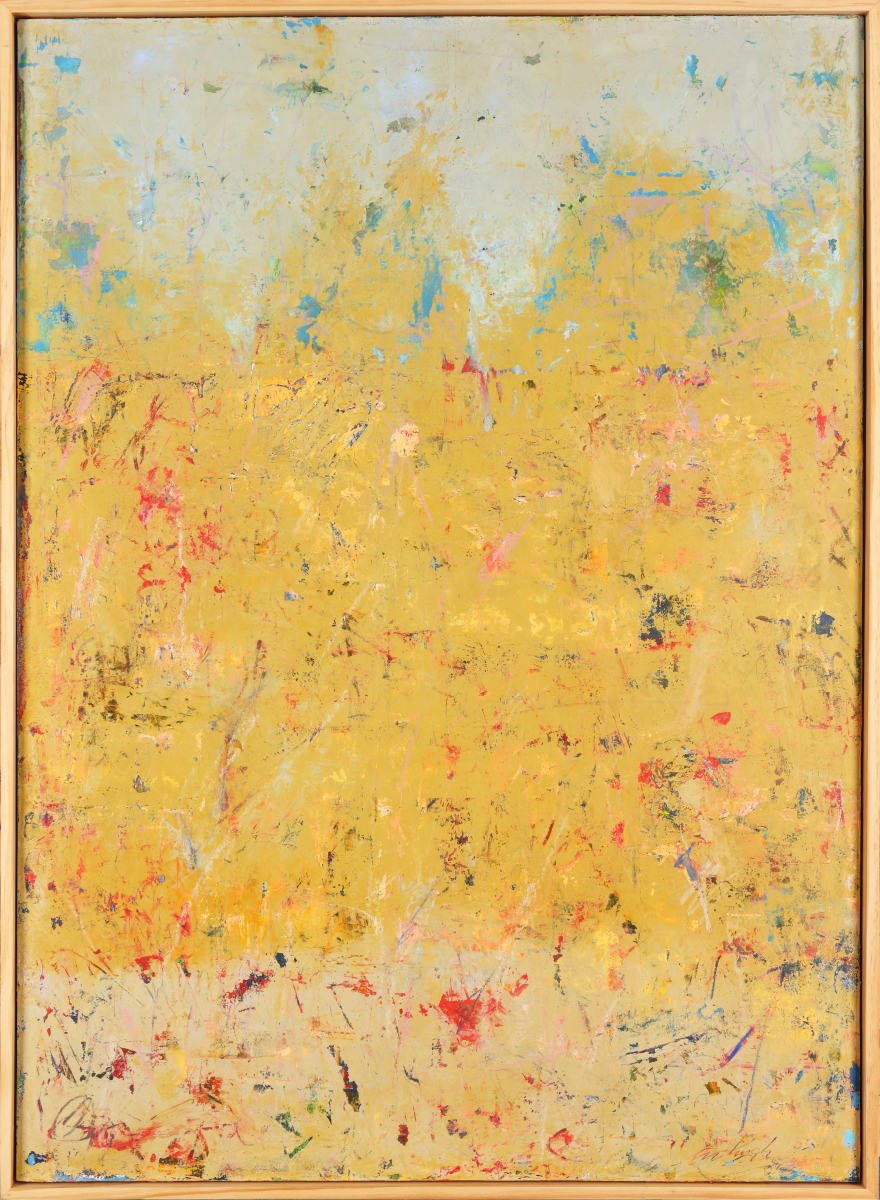 "Lazy Day" by Steven McHugh  Image: This stunning original mixed media painting titled "Lazy Day" is a captivating addition to any art collection. Measuring 30.25" x 22.25", this piece is a beautiful combination of crayon, oil, and cold wax on wood panel, framed in a sleek gallery floating frame. Divided into three distinct sections, the upper portion features a warm sky blue with tree silhouettes, while the center area is a rich ochre/gold with texture and the lower section is a neutral taupe with subtle background textures of red and green. The marks and textures in this piece create a sense of serenity, making it perfect for any space in need of a calm and peaceful atmosphere. Add depth and elegance to your home with this unique work of art.

"Lazy Day" is an abstract landscape composition dominated by a yellow background. It includes a variety of marks, splatters, and strokes in different colors such as blue, red, and white, which create a dynamic and seemingly spontaneous overlay. The sense of movement and energy is palpable, as the colors intersect and react to one another across the canvas. The edge of the panel is lined with a gallery floating frame of light wood, further emphasizing the painting as an intentional work of art. The overall effect is one that engages the viewer in a visual exploration of color, form, and the emotive potential of abstract expression.