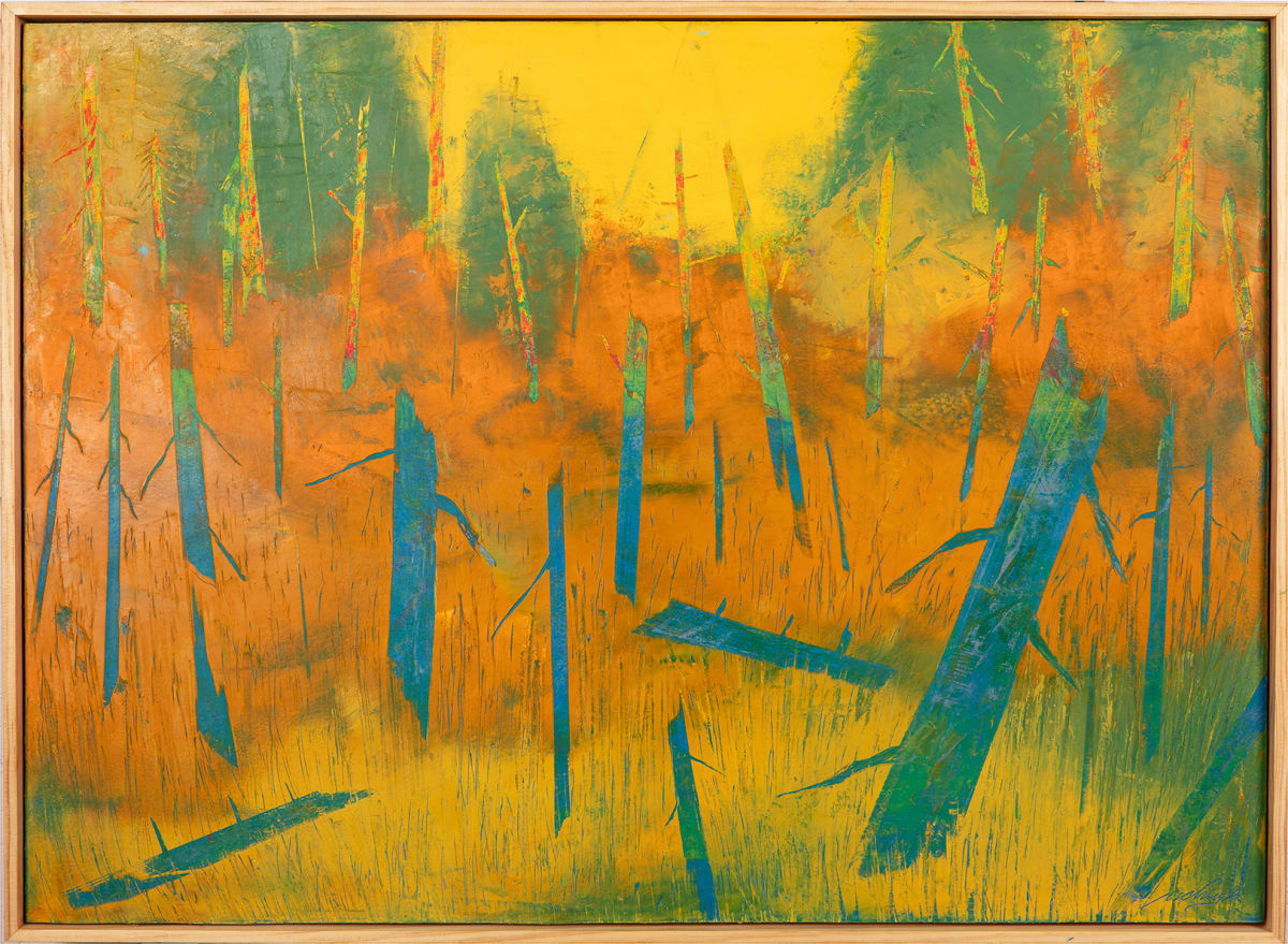 "Follow Me" by Steven McHugh  Image: "Follow Me", a stunning and vibrant abstract landscape painting by Madeline Island artist Steve McHugh. This mesmerizing piece features warm tones of orange and yellow, with contrasting blues and greens for the tree trunks, and hints of red in the background. Measuring 22.25" x 30.5", this mixed media painting on wood panel is  framed in a natural wood gallery floating frame, making it ready to adorn your home or office space. "Follow Me" is sure to captivate and inspire with its unique blend of colors and textures, inviting viewers to immerse themselves in its captivating beauty. Add a touch of contemporary elegance and artistic flair to your surroundings with this one-of-a-kind masterpiece.

The painting is an abstract featuring a blend of warm colors with prominent yellow and orange tones, evoking a sense of a field or natural landscape at sunset or sunrise. There are vertical elements suggesting grasses and trees that have been stylized and simplified, contrasting with the warm background. These elements are primarily in shades of blue, creating a striking visual contrast with the background. Additionally, there are subtle lines and highlights of red and green throughout the piece, adding complexity and texture to the overall composition. 