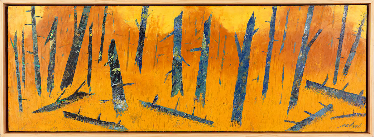 "For You" by Steven McHugh  Image: "For You," an original painting by the Madeline Island artist Steve McHugh. This abstract landscape masterpiece is created using oil and cold wax on a wood panel, and beautifully framed in a gallery floating frame. The warm orange and yellow background serves as a striking contrast to the vertical trees in blue textured hues. This stunning artwork is sure to captivate your attention and add a touch of elegance to any space. Whether you're an art enthusiast or simply looking for a unique piece to add to your collection, "For You" promises to be a remarkable addition to your home or office decor.

This artwork is a painting depicting an abstract forest scene. The background is a warm, glowing gradient of yellows and oranges, representing an illuminated or autumnal sky or atmosphere. The trees are rendered in bold, dark blue and black hues with angular, almost jagged shapes. The trees and their shadows create a sense of depth and movement, with diagonal lines cutting across the composition. The overall effect is both dynamic and serene, capturing the essence of nature through expressive color and form.

Painting is 10.75" x 30" and is ready to hang in your envirorment.  